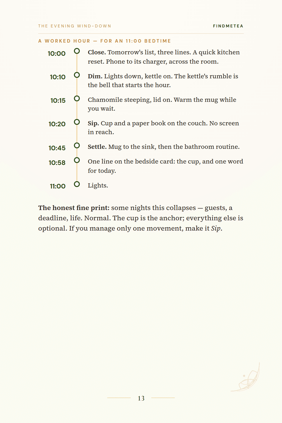 The Four Movements timeline: a vertical evening descent — Close, Dim, Sip, Settle.