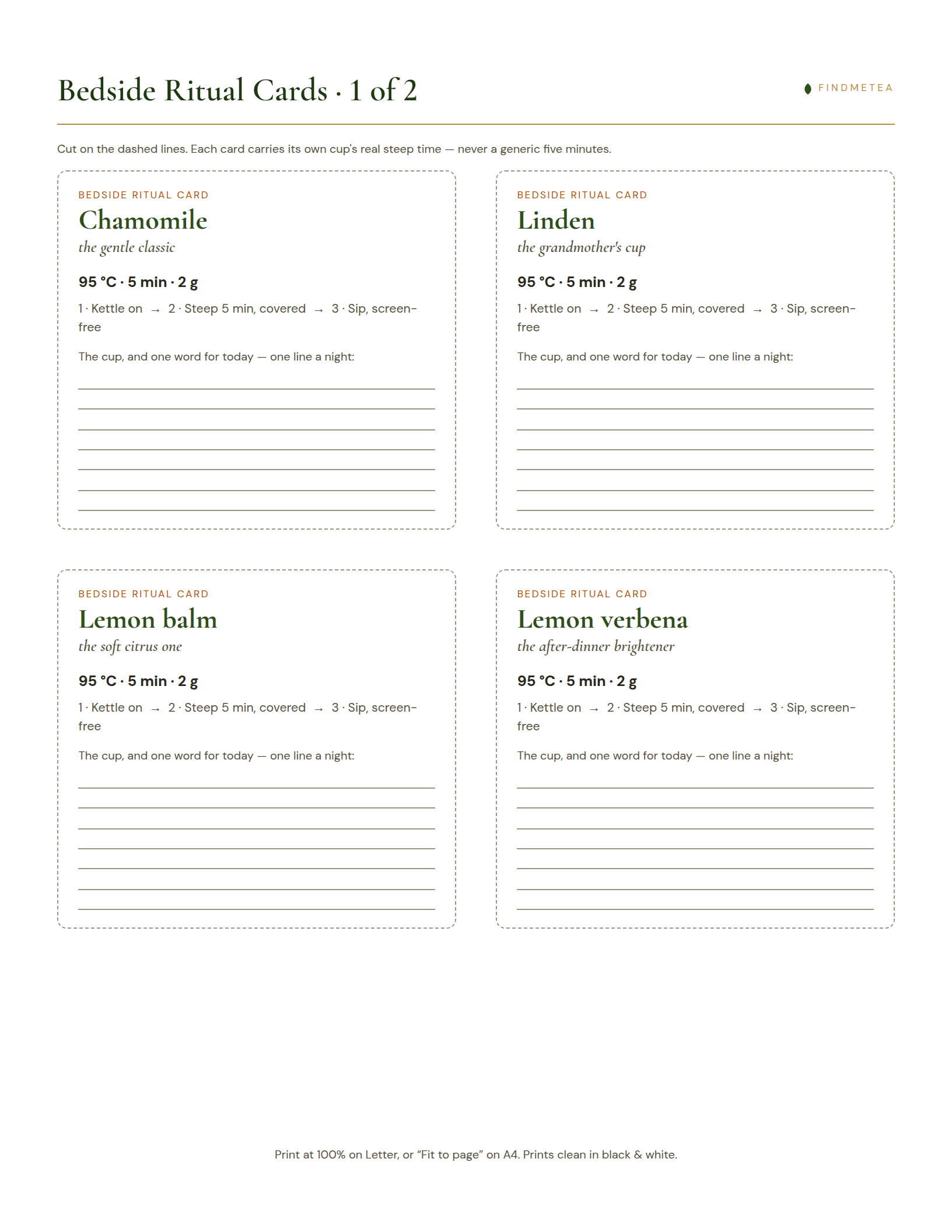 A bedside ritual card for chamomile — its brew line, a three-step mini-sequence, and a nightly log.
