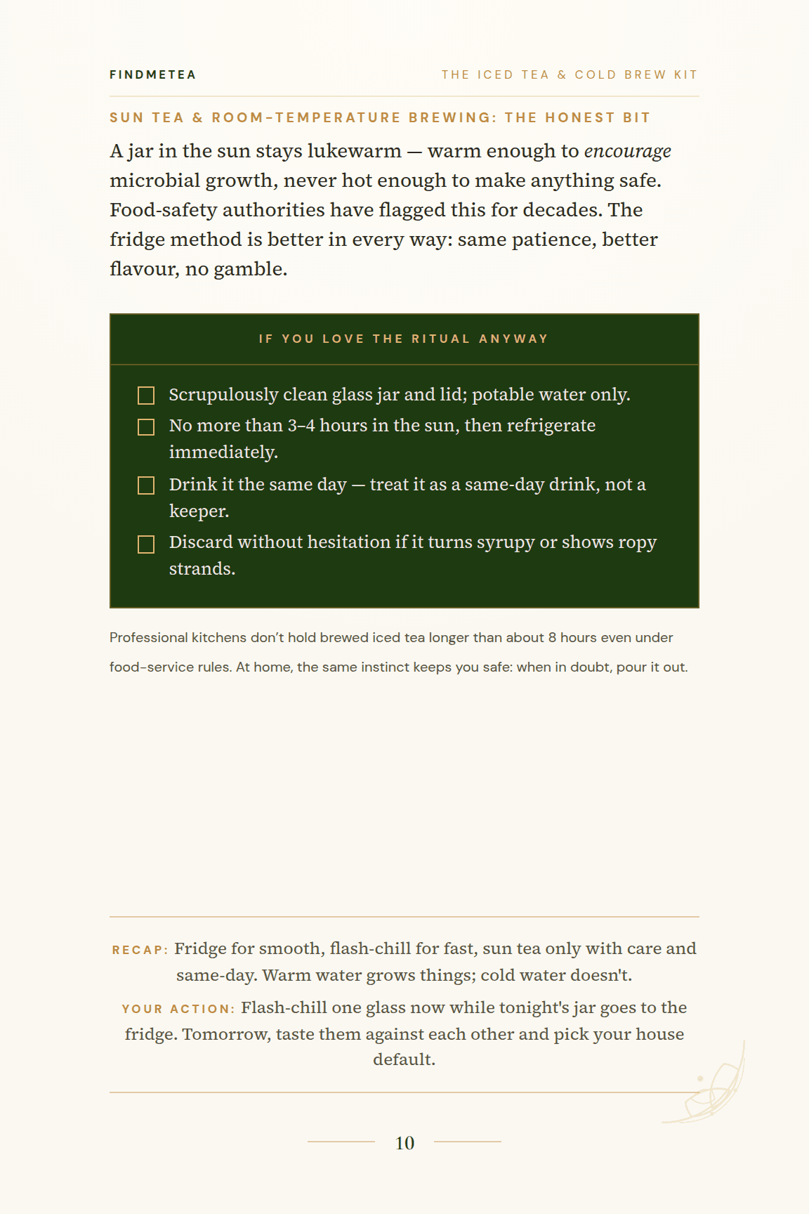 The honest sun-tea safety page: when room-temperature brewing is safe, when it isn't, and the fridge method instead.