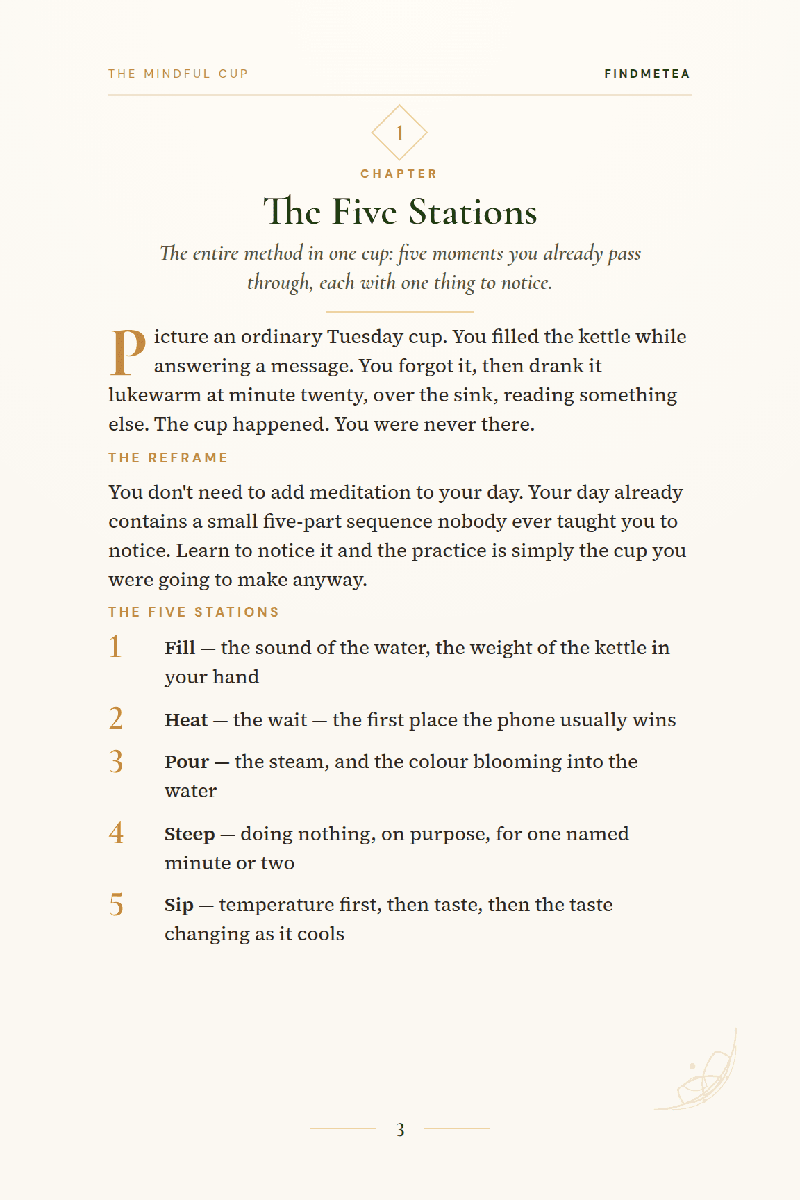 The Five Stations framework: fill, heat, pour, steep, sip — one attention instruction each.