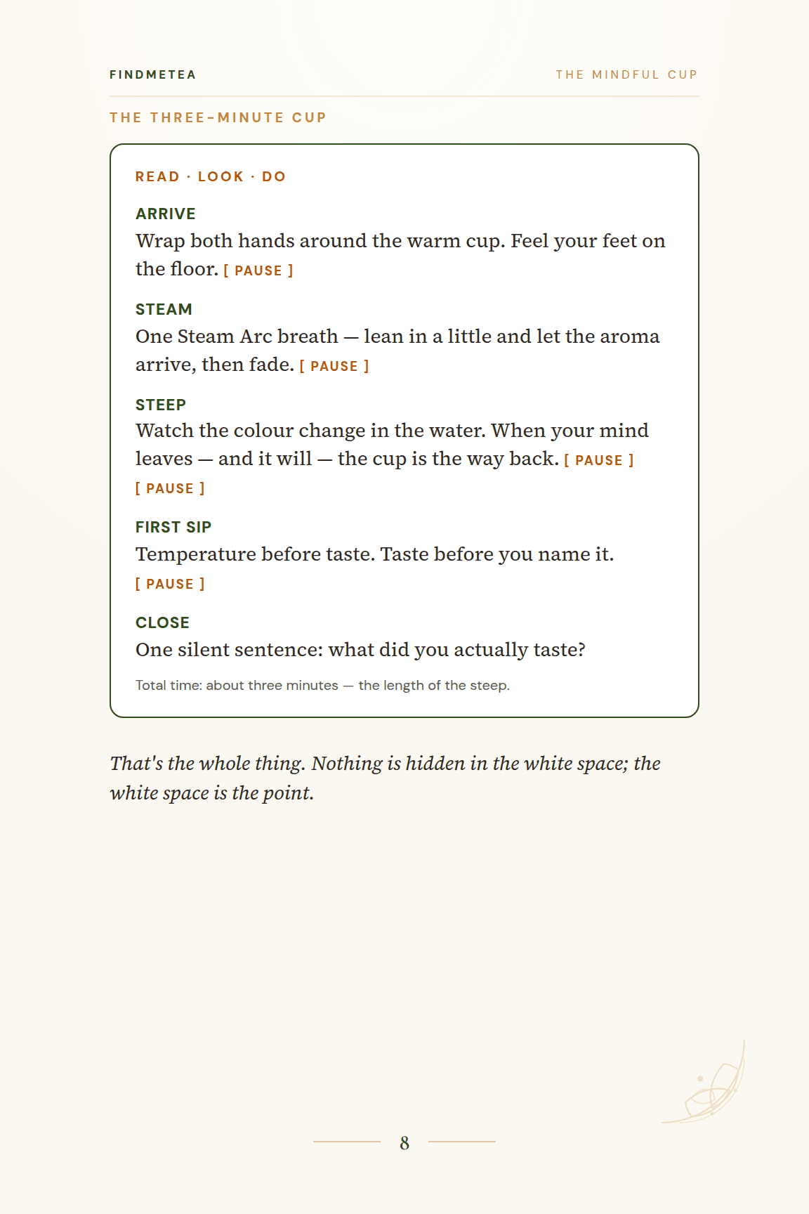 The Three-Minute Cup meditation in Read–Look–Do format, with bold beats and pause marks.