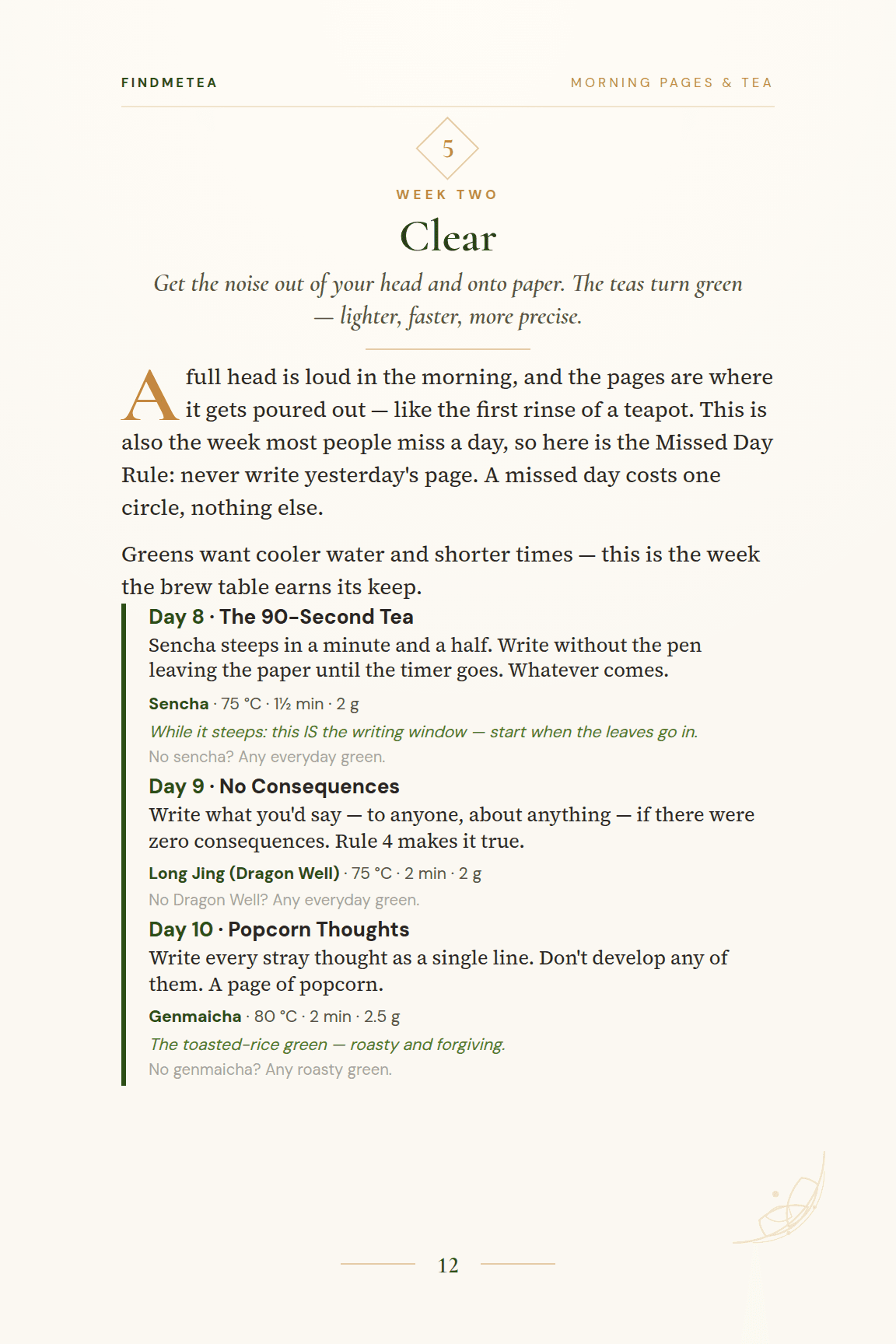 A day card: the day's prompt, its paired morning tea, and one thing to do while it steeps.