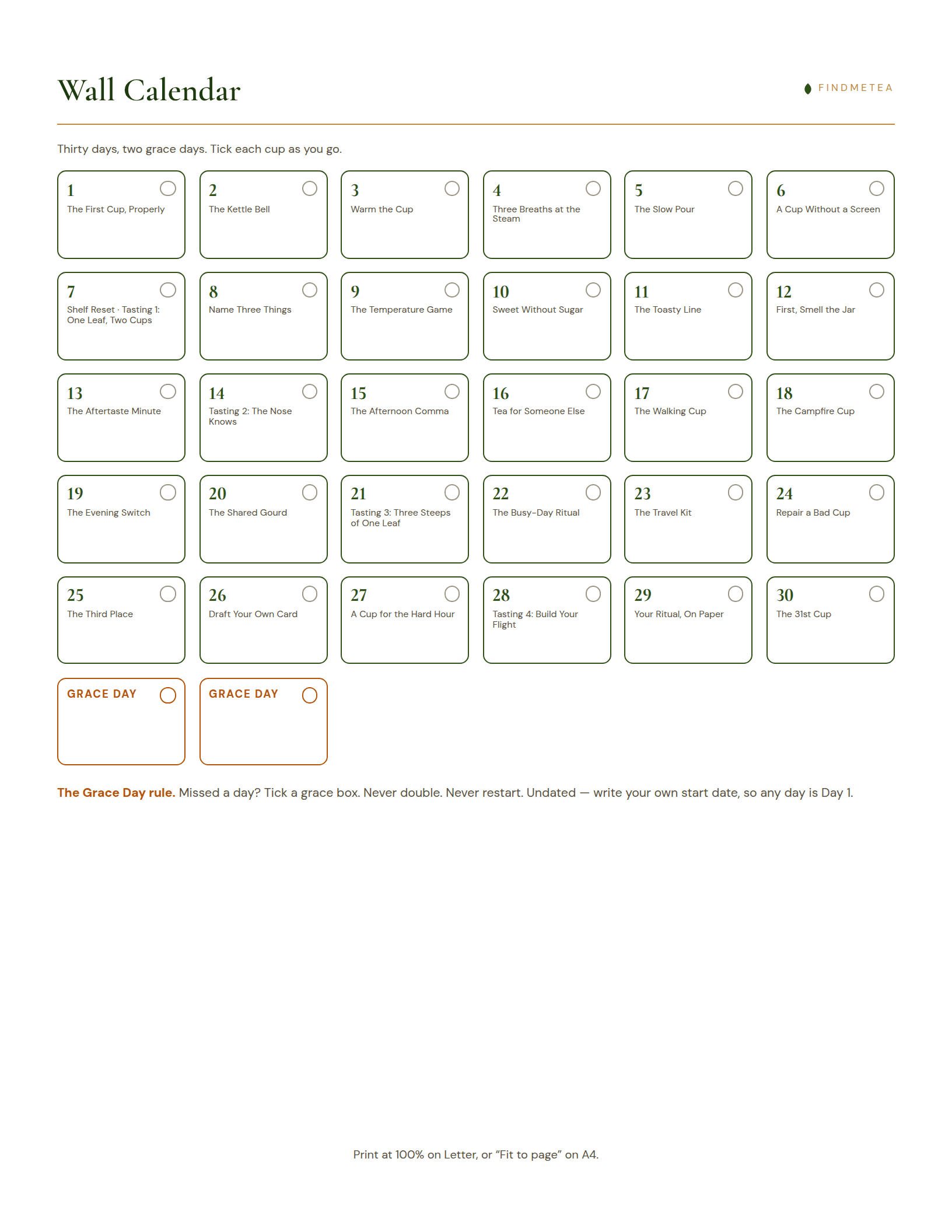 The 30-day wall calendar with two grace-day boxes, ready to print and tick.