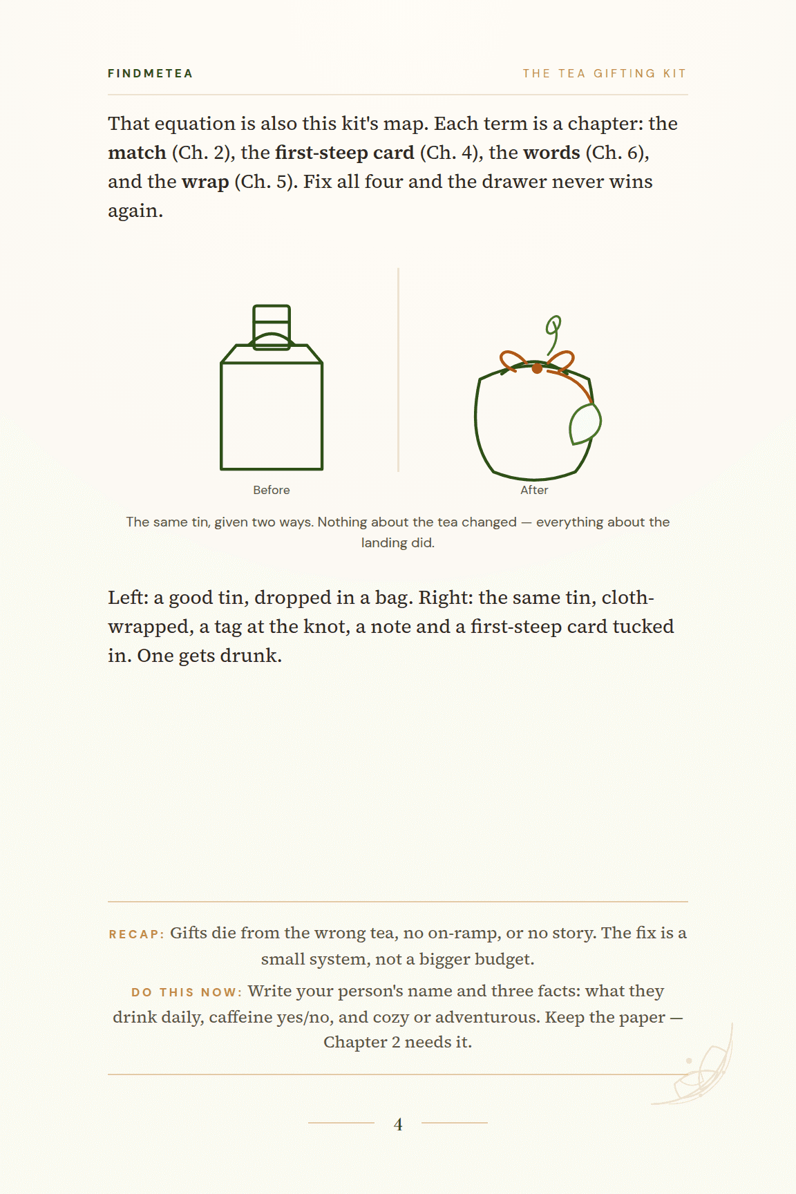 The same tin shown two ways: bare in a bag, then wrapped with a tag, note and steep card.