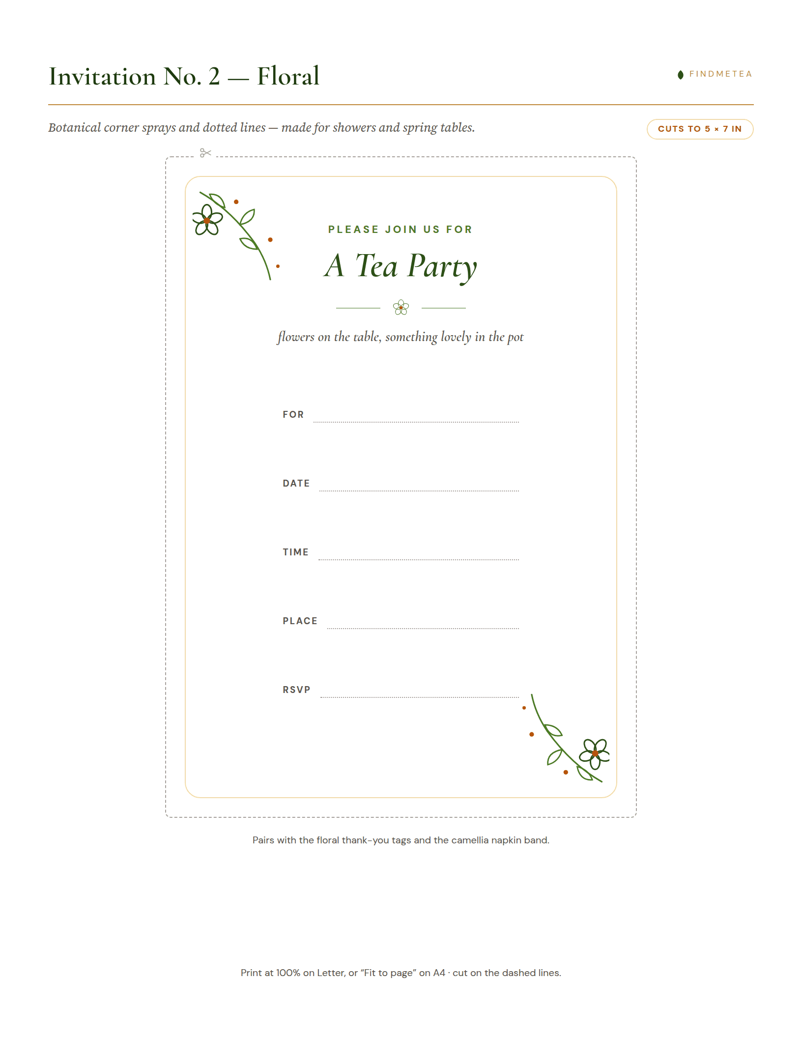 A tea party invitation template from the pack: the floral 5 x 7 design with botanical corner sprays and hand-write lines for date, time, place and RSVP.