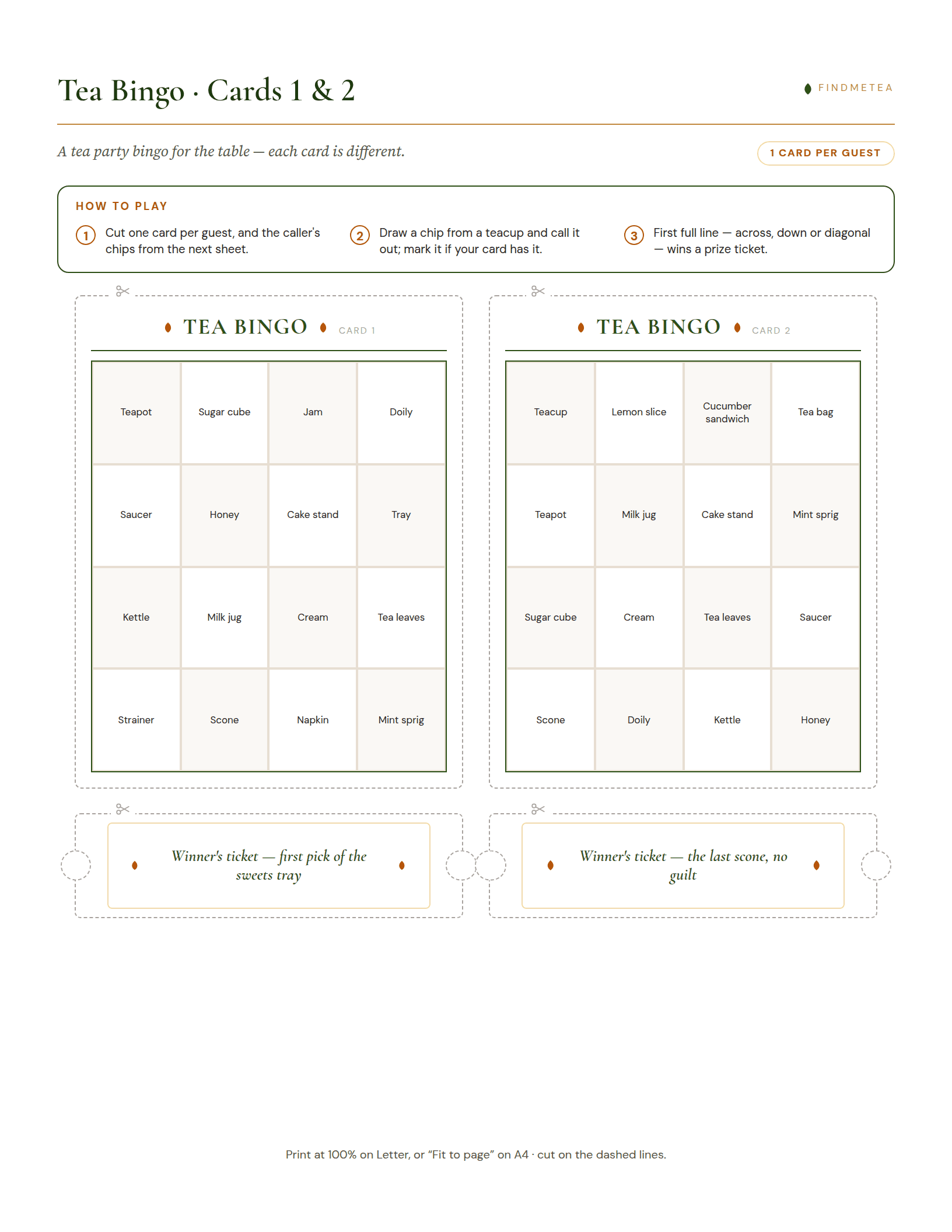 Tea party games printable sheet: two Tea Bingo cards with a how-to-play strip and cut-out winner's prize tickets.