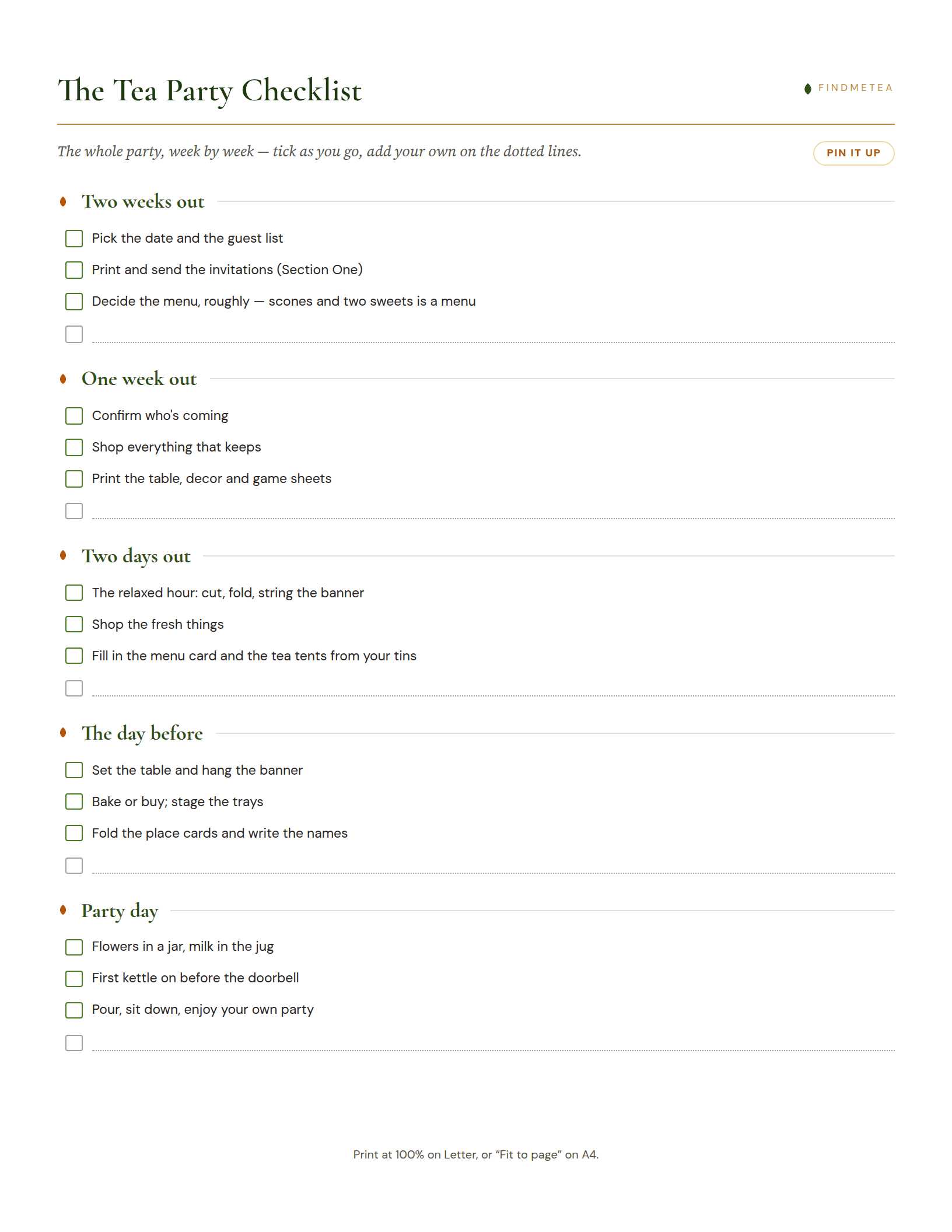 The printable tea party checklist: week-by-week to-dos from two weeks out to party day, with tick boxes and blank lines.