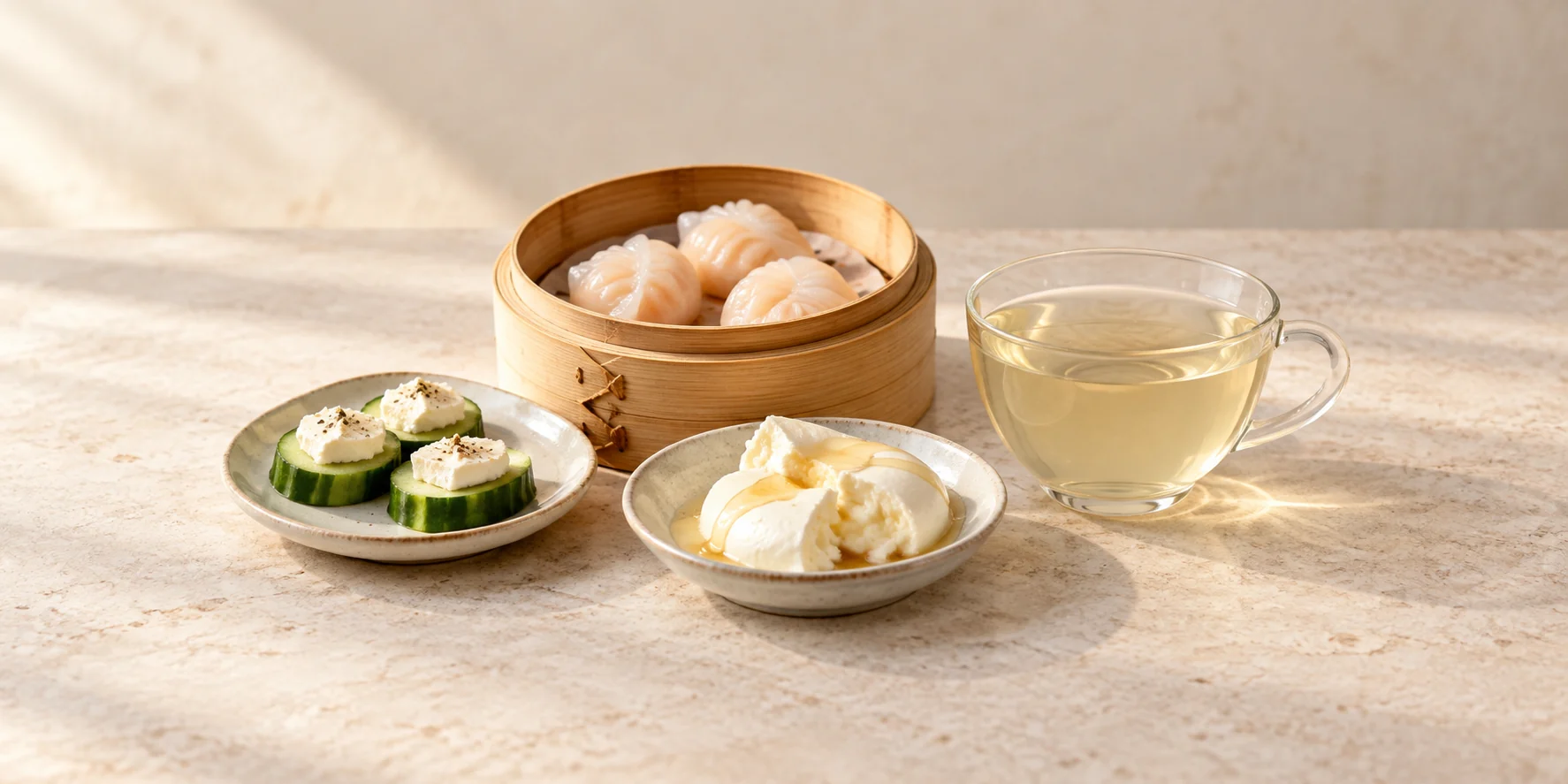 Steamed shrimp dumplings, cucumber rounds with cream cheese and honey-drizzled soft cheese beside pale Silver Needle tea.