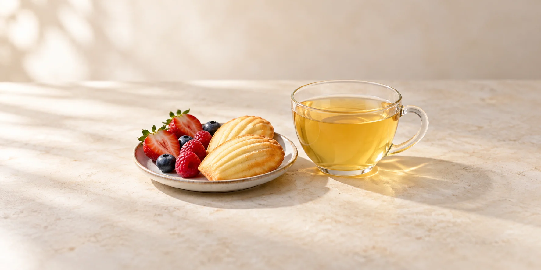 Calm herbal tea beside madeleines and fresh berries