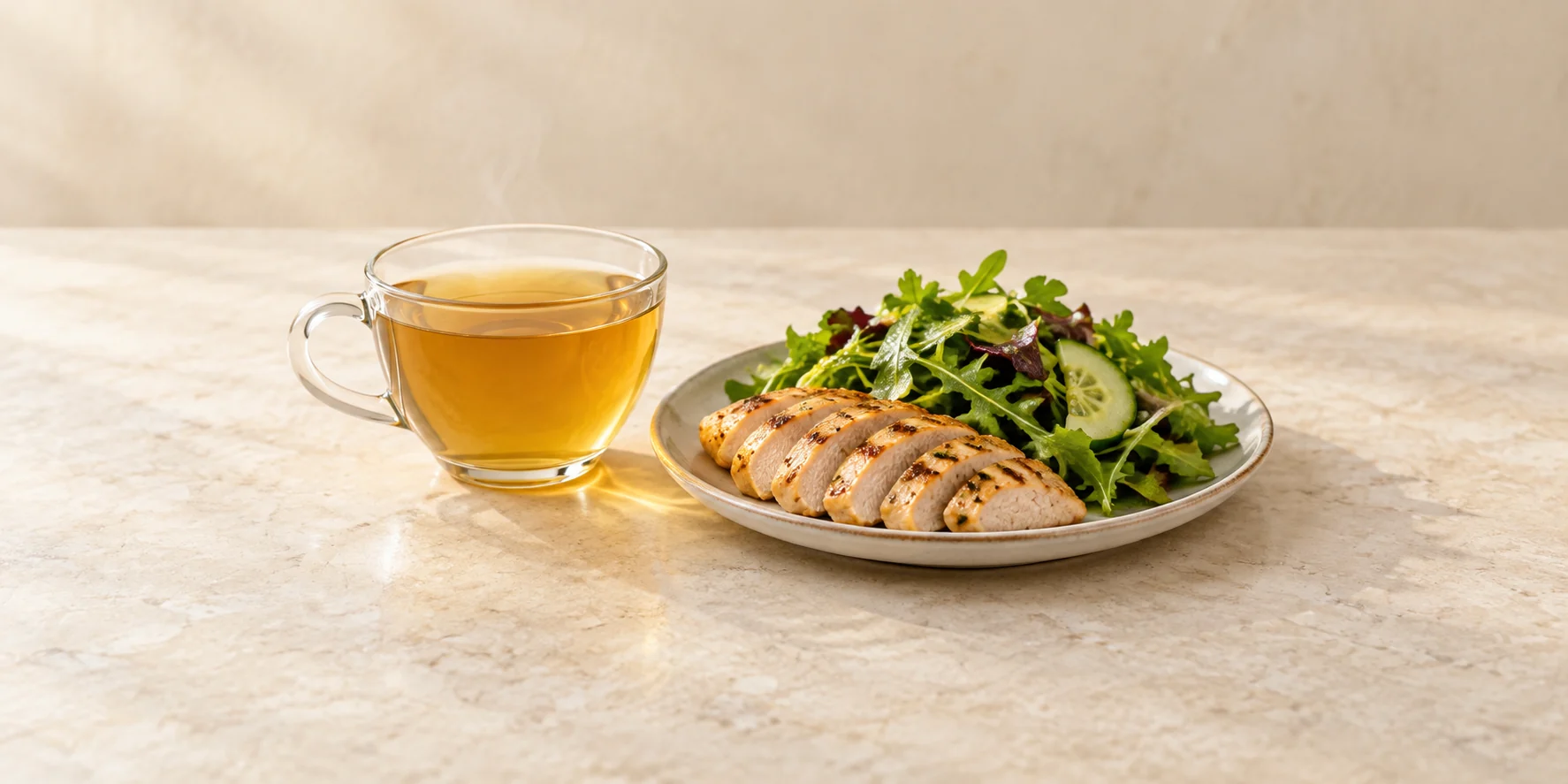 Detox herbal tea with grilled chicken and a leafy salad