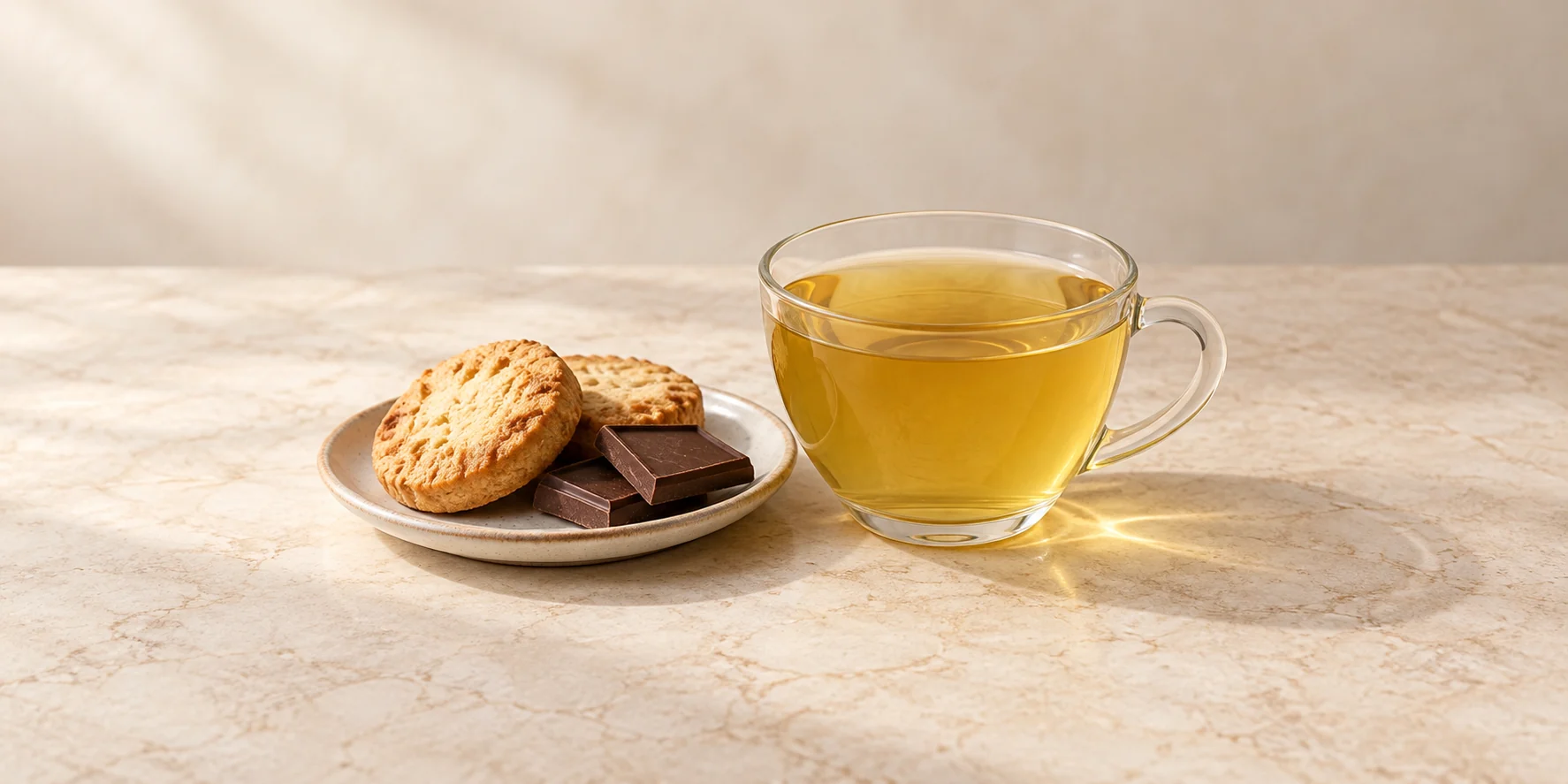 Digestion herbal tea with plain biscuits and dark chocolate