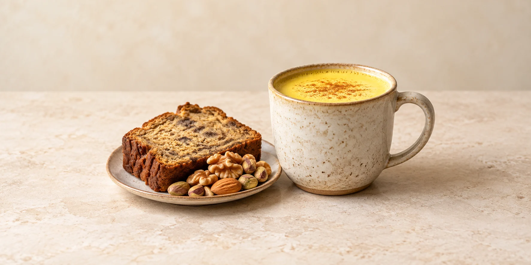 Golden milk beside banana bread and toasted nuts