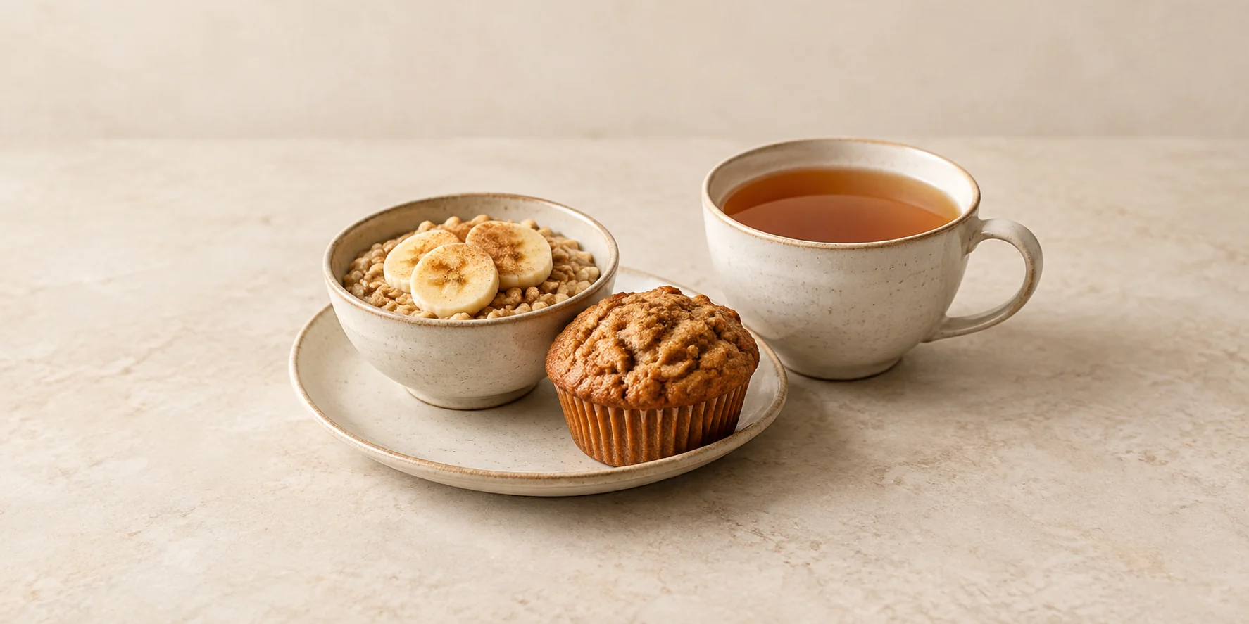 Cinnamon tea with banana-topped oatmeal and a spiced muffin