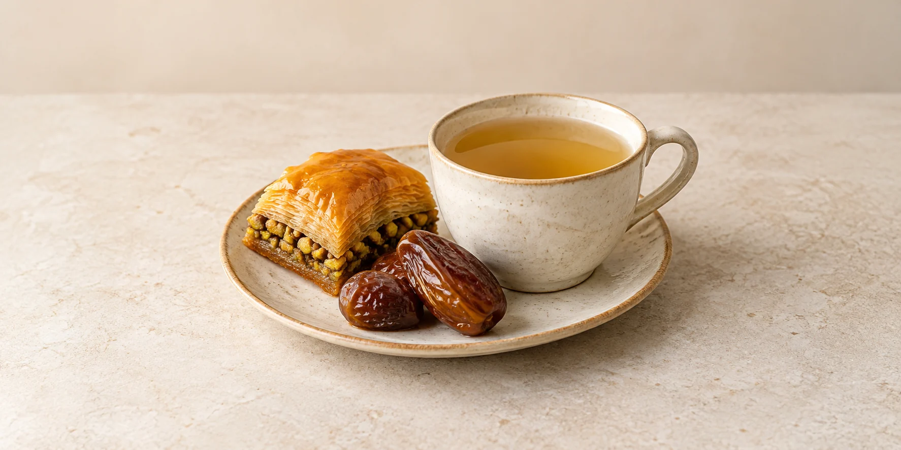 Cardamom tea beside pistachio baklava and dates