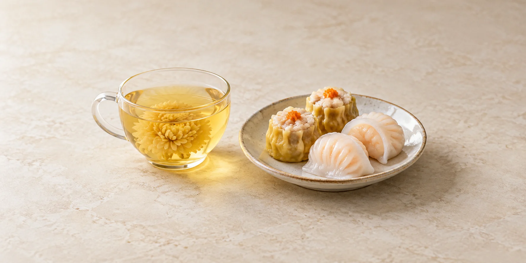 Chrysanthemum tea with steamed har gow and siu mai dumplings