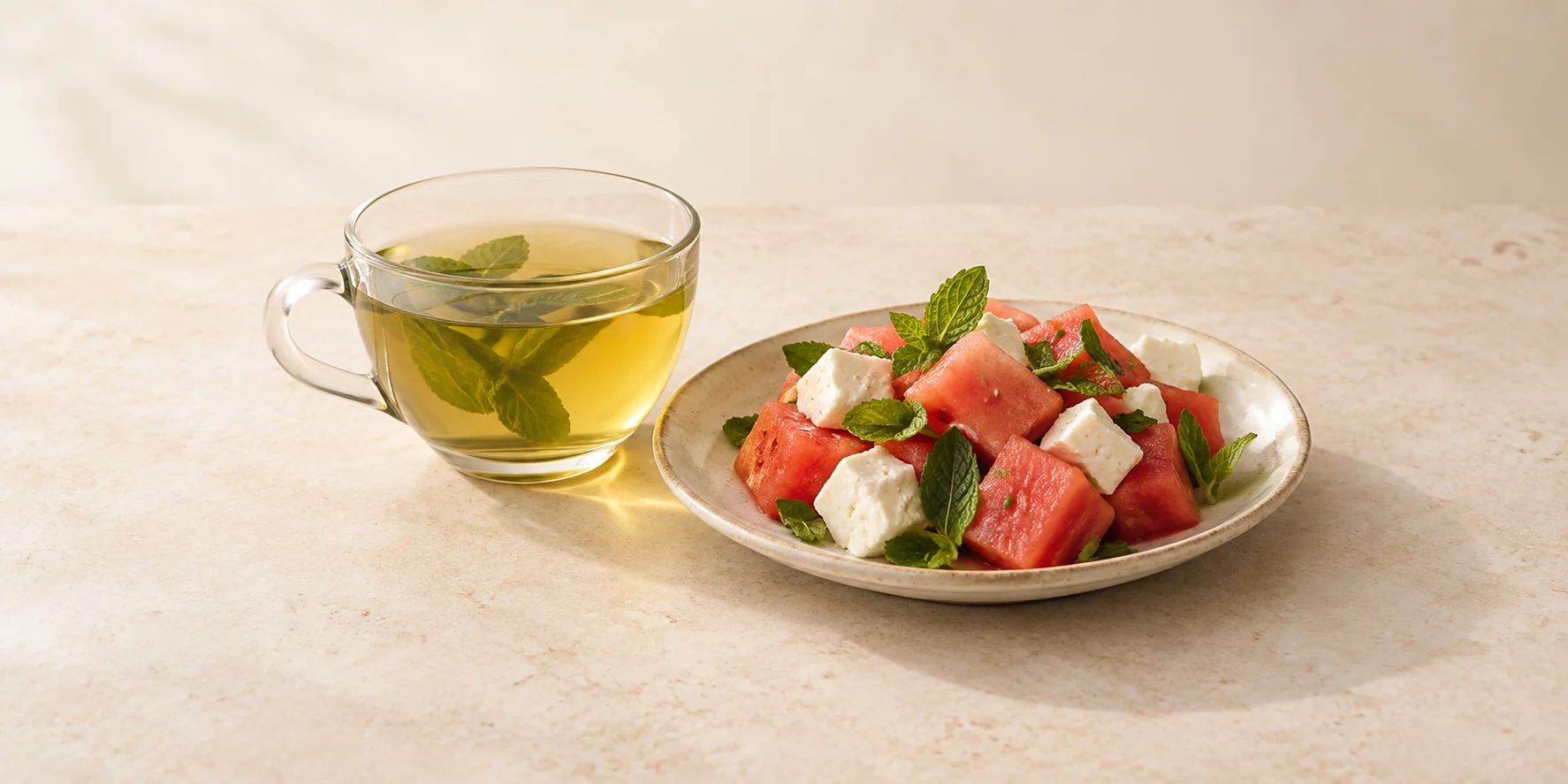 Spearmint tea with watermelon, feta and mint salad