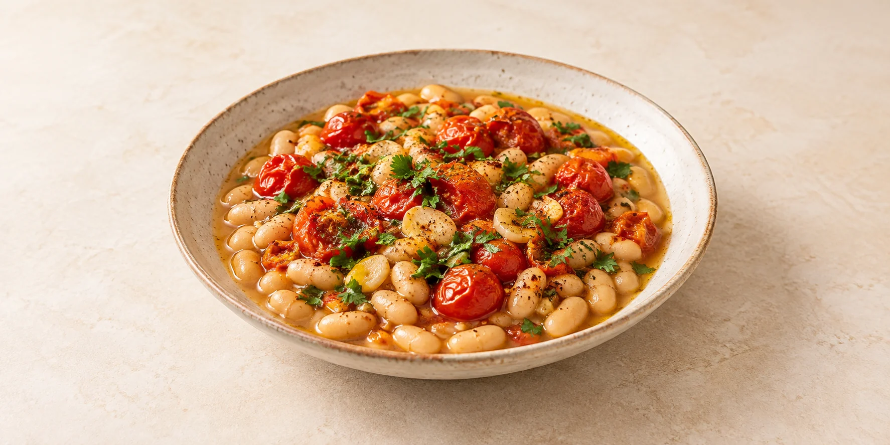 Fennel Tea-Braised White Beans with Roasted Tomatoes