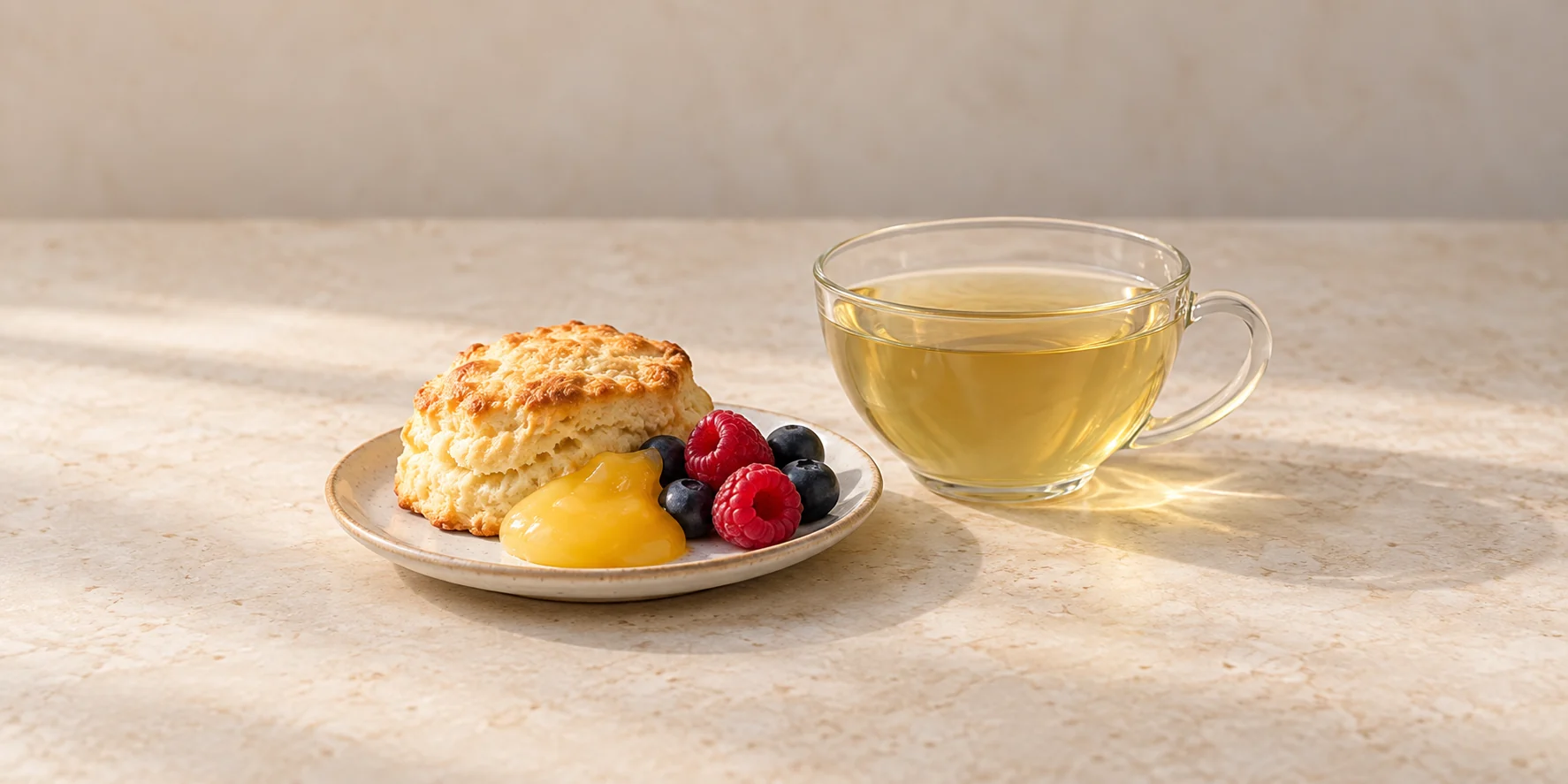 Lemon balm tea with a scone, lemon curd and fresh berries