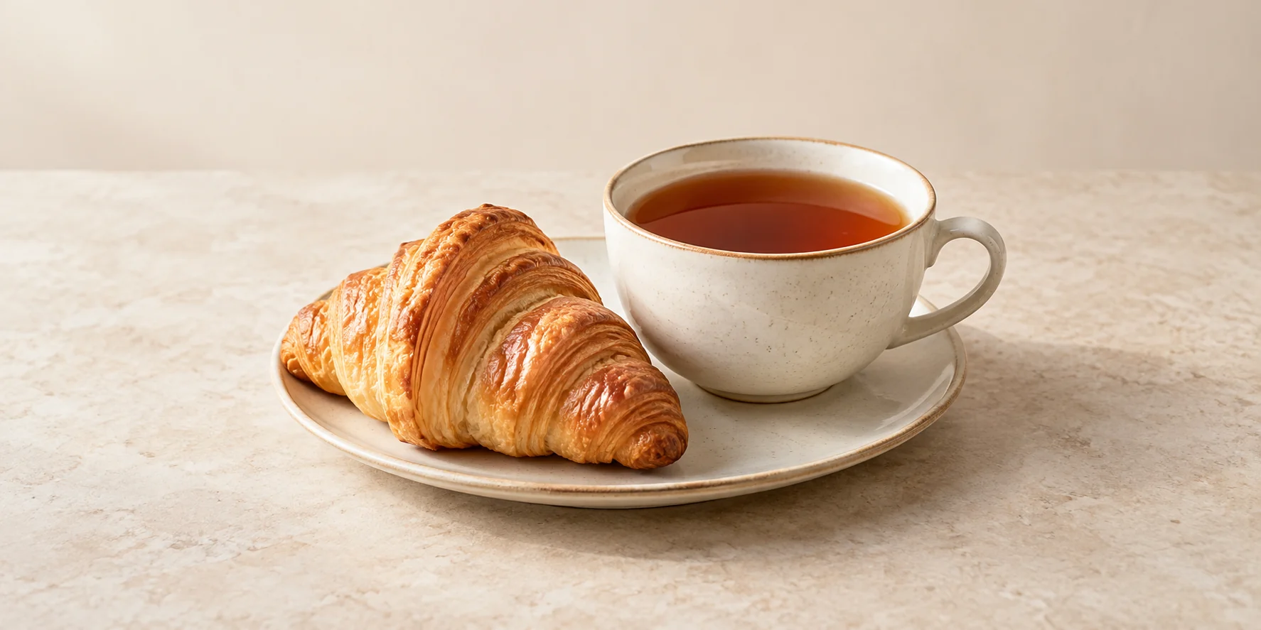 Caramel black tea with a plain buttery croissant