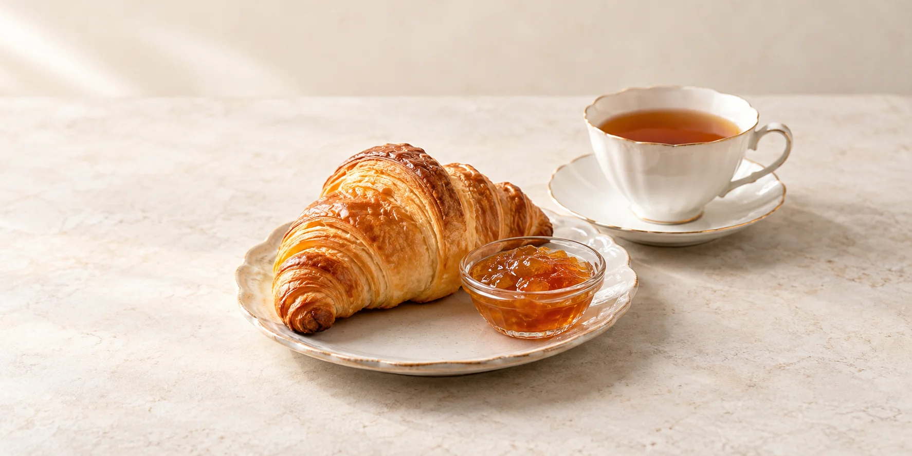 Darjeeling tea with a croissant and apricot jam