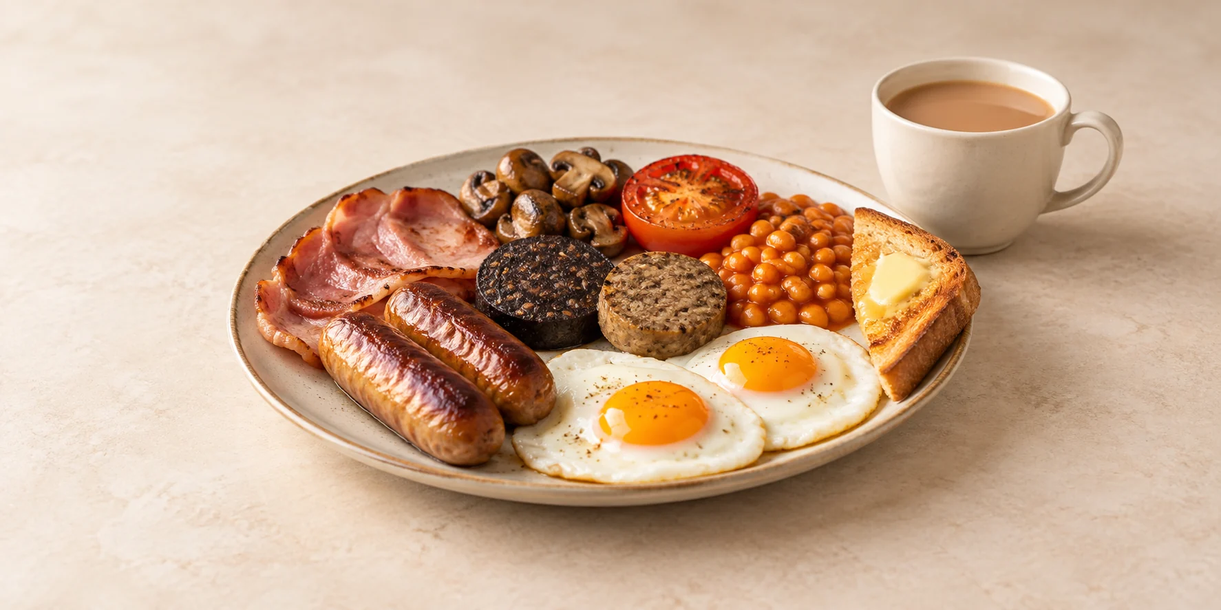 Full Irish breakfast with a cup of milky Irish Breakfast tea