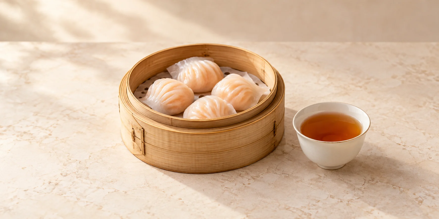 Jin Jun Mei tea with steamed shrimp dumplings