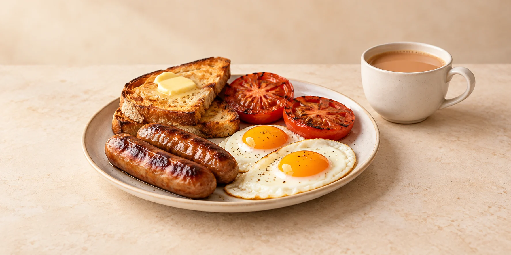 Malawian milk tea with eggs, sausages, grilled tomatoes and buttered toast
