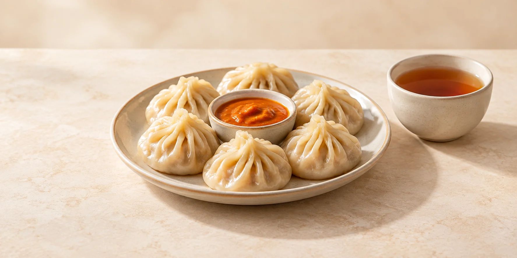 Nepali black tea with steamed momos and dipping sauce
