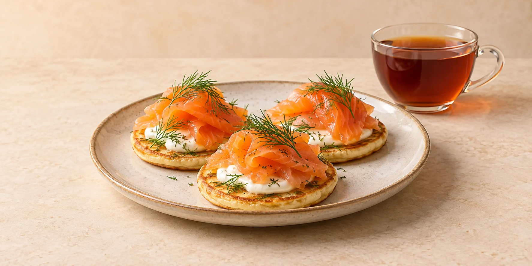 Smoked salmon blini with sour cream and dill beside a cup of amber Russian Caravan tea.