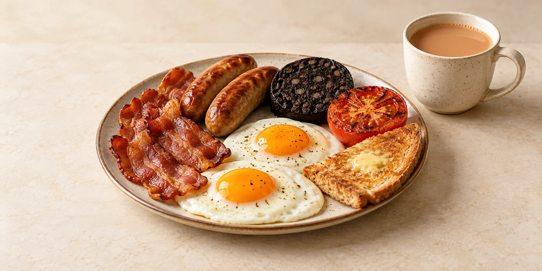 Cooked breakfast with eggs, sausages, bacon, black pudding, tomato and toast beside milky Scottish Breakfast tea.
