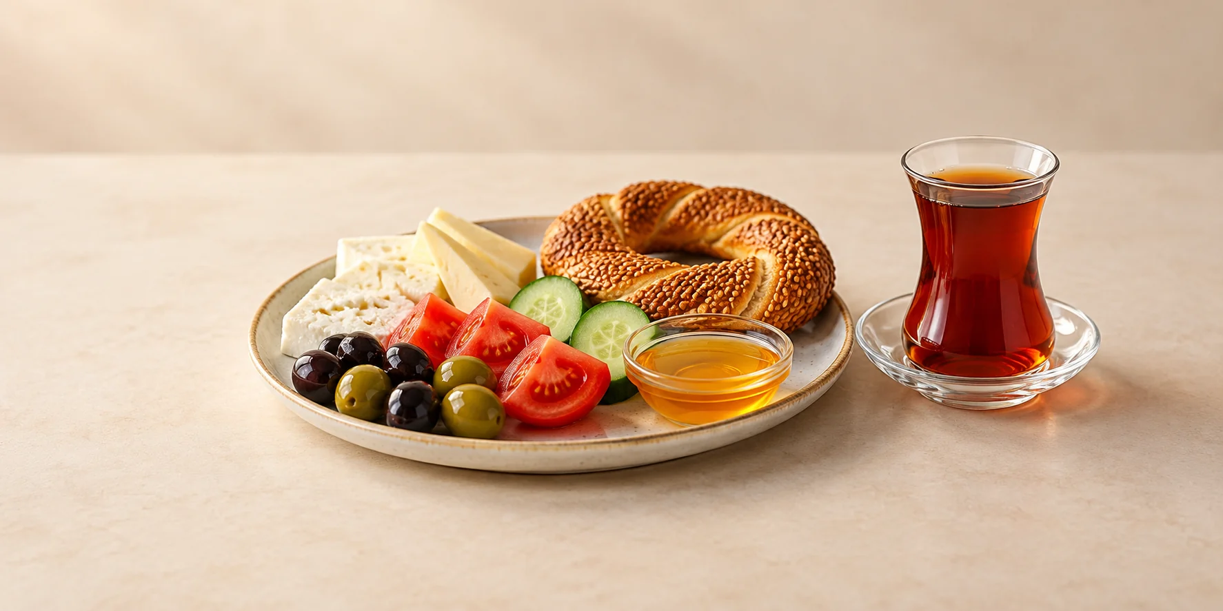 Simit, white cheese, olives, tomato, cucumber and honey beside Turkish tea in a tulip glass.