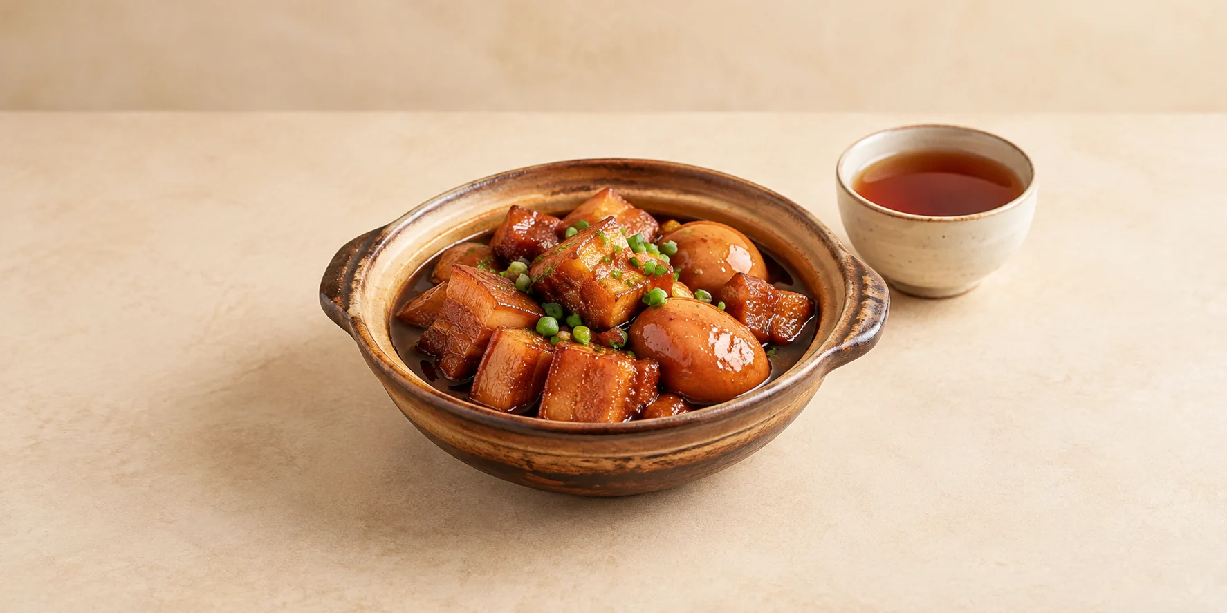 Vietnamese caramel-braised pork and eggs in a clay pot beside Shan Tuyet black tea.