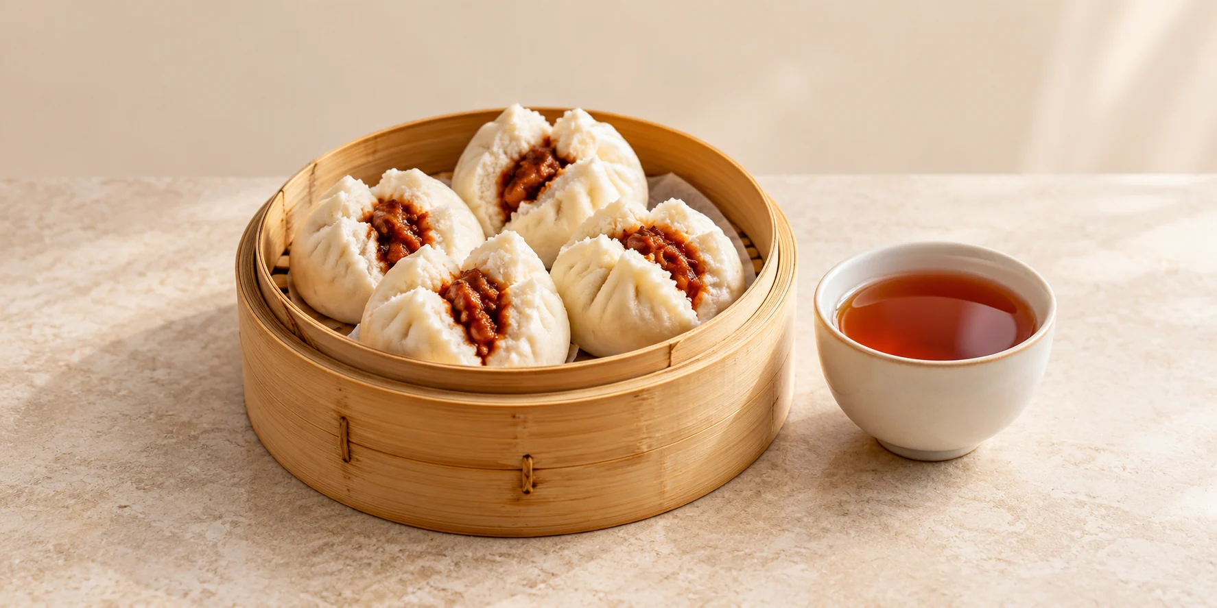 Steamed pork buns in a bamboo basket beside a cup of Yingde Hong black tea.