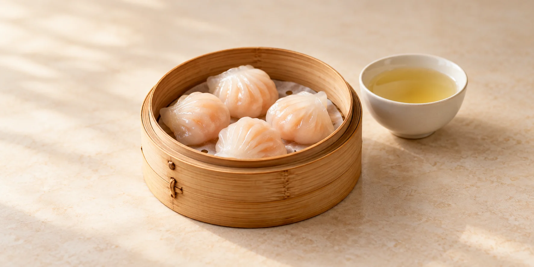 Steamed shrimp dumplings in a bamboo basket beside pale Baozhong oolong tea.
