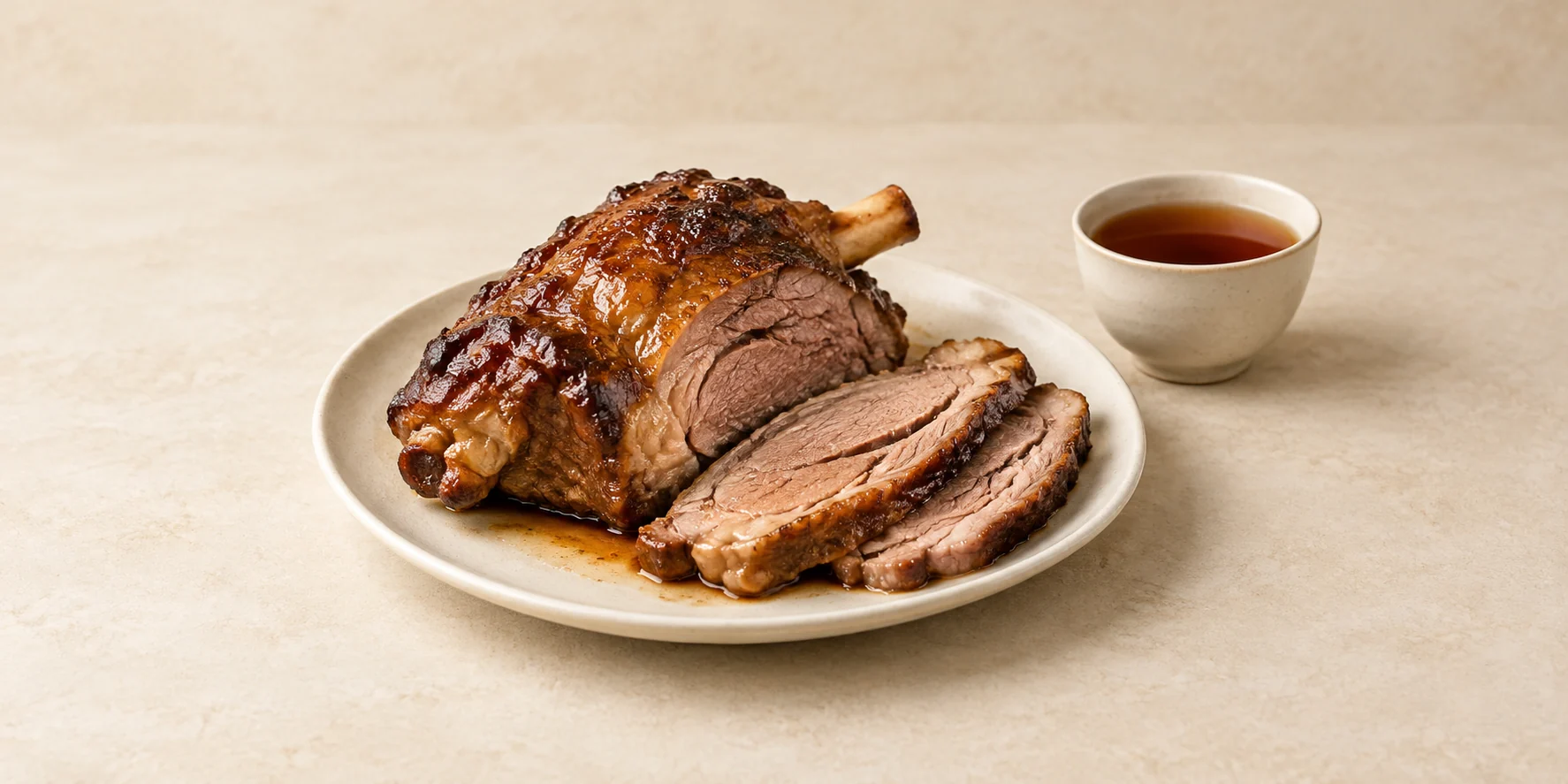 Carved slow-roasted lamb shoulder beside a cup of deep amber Da Hong Pao oolong.