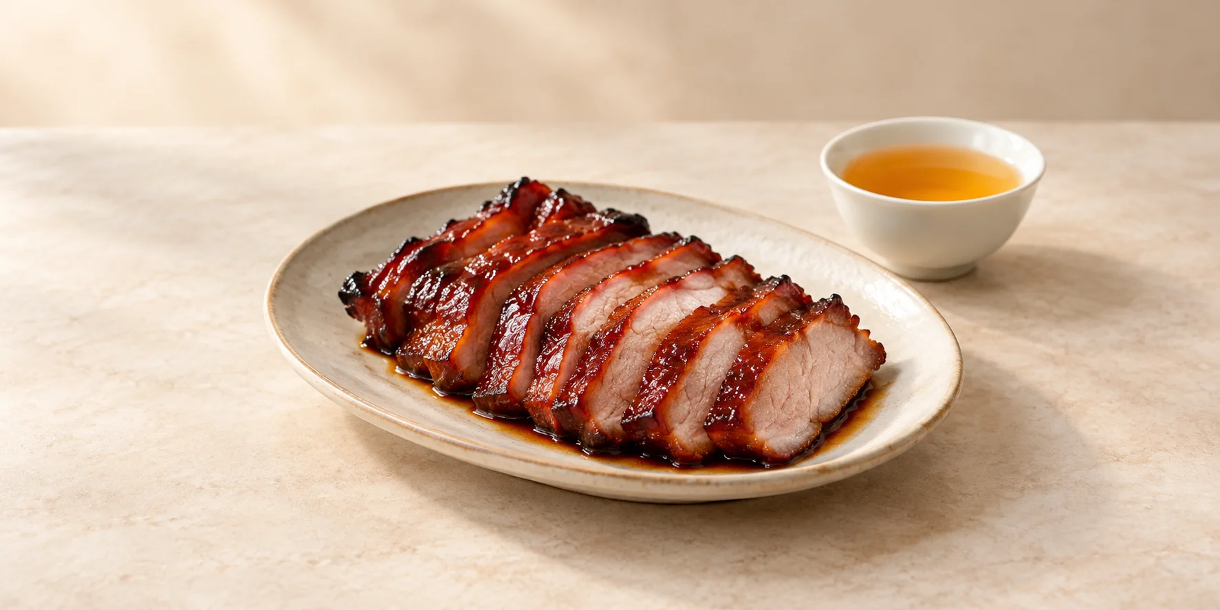 Sliced Cantonese char siu pork beside a small cup of amber Phoenix Dan Cong oolong.