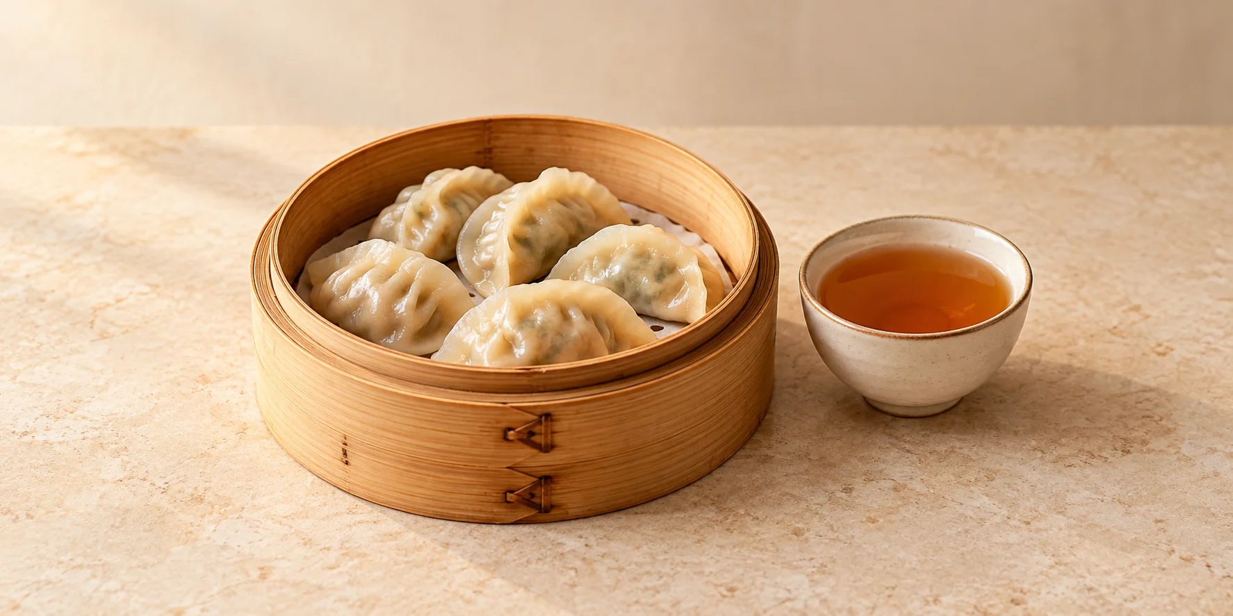 Steamed dumplings in a bamboo basket beside a small cup of amber GABA oolong.