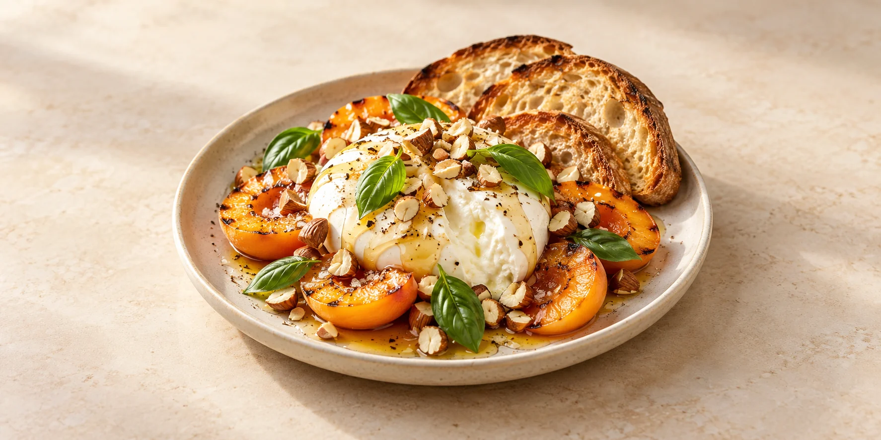 Milk Oolong Burrata with Honey, Apricots and Toasted Almonds