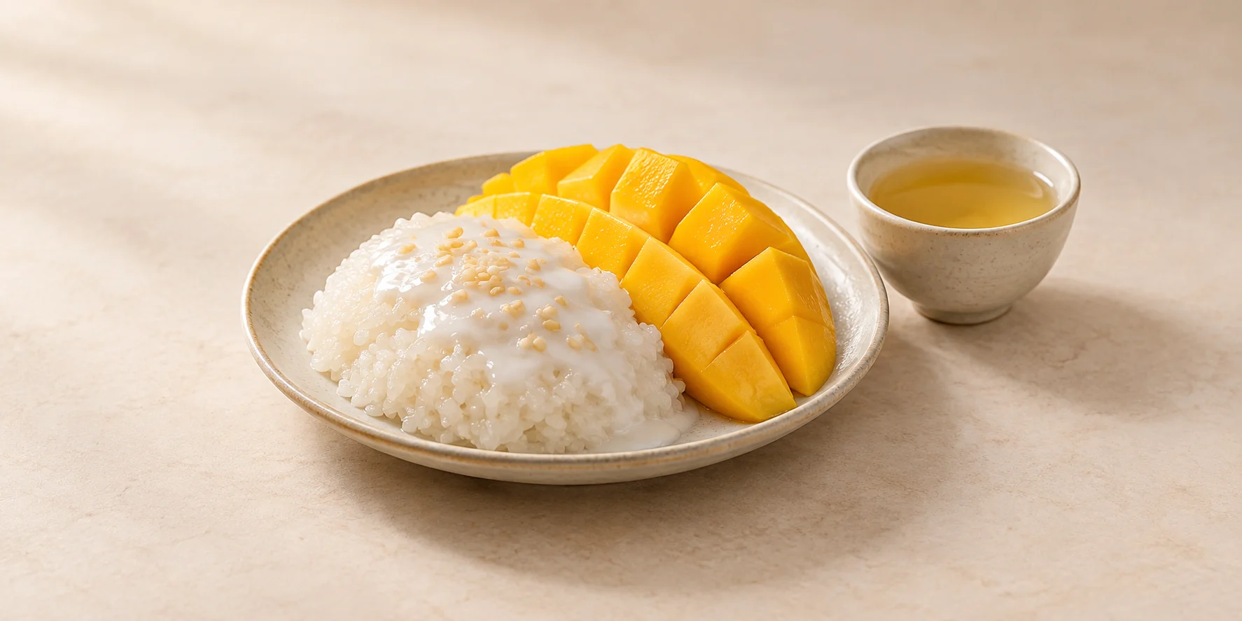 Mango and coconut sticky rice beside a small cup of pale golden Milk Oolong tea.