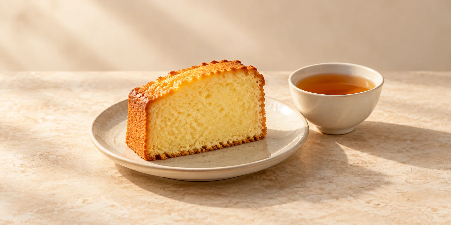A slice of plain butter pound cake beside amber Oriental Beauty oolong.