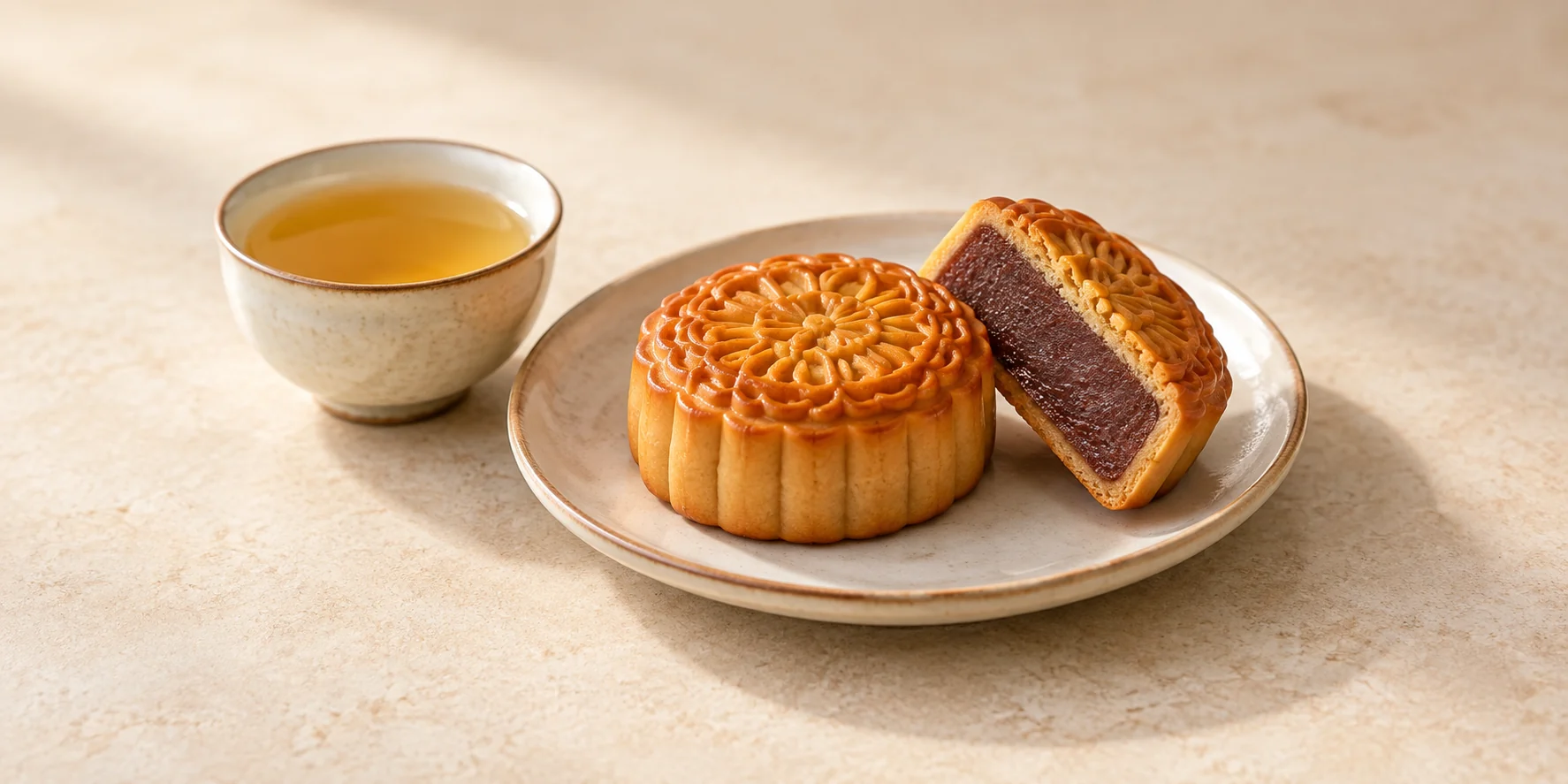 Red-bean mooncakes, one cut open, beside golden osmanthus oolong.