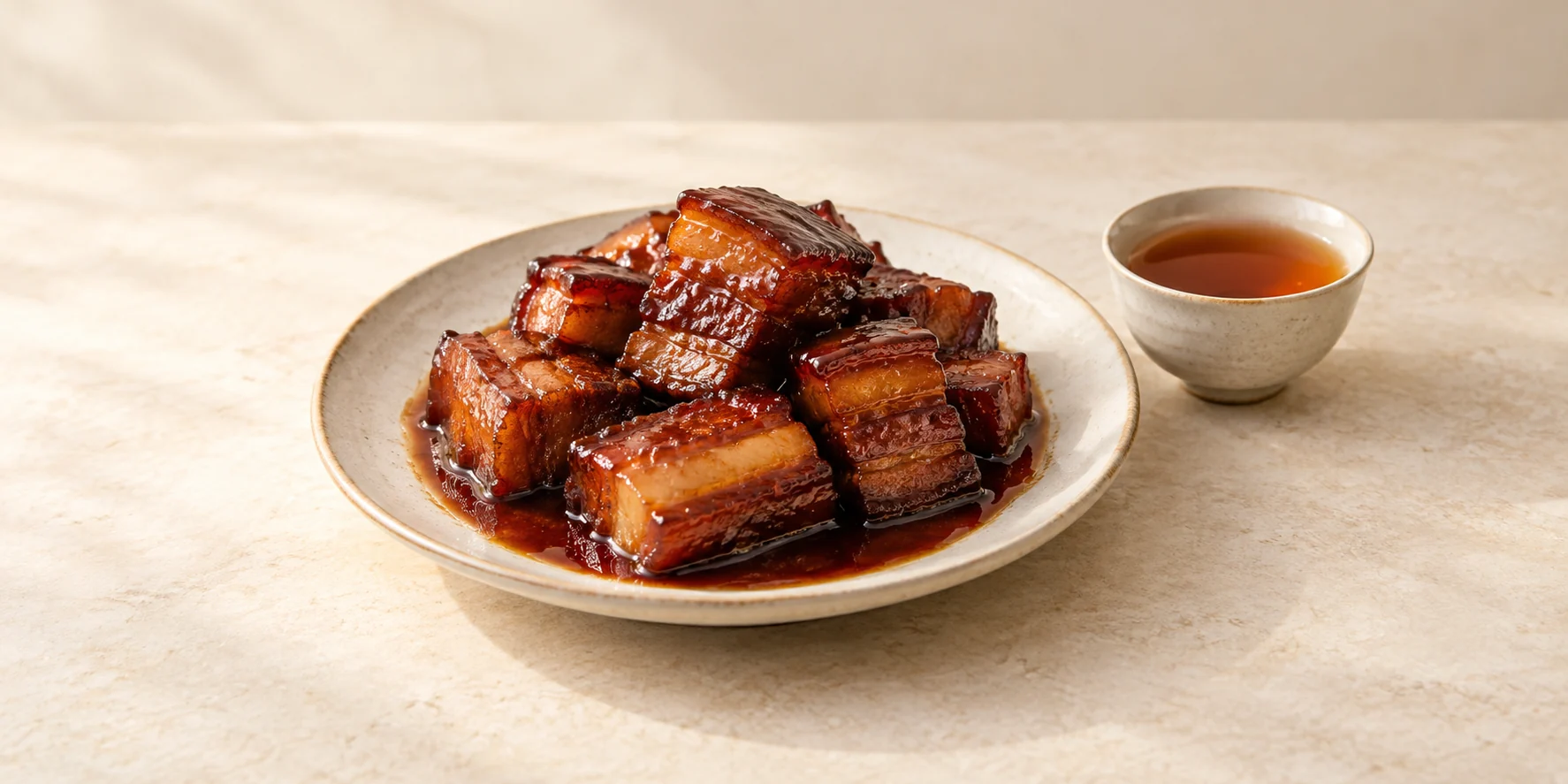 Glossy red-braised pork belly beside a small cup of amber Shui Xian oolong.