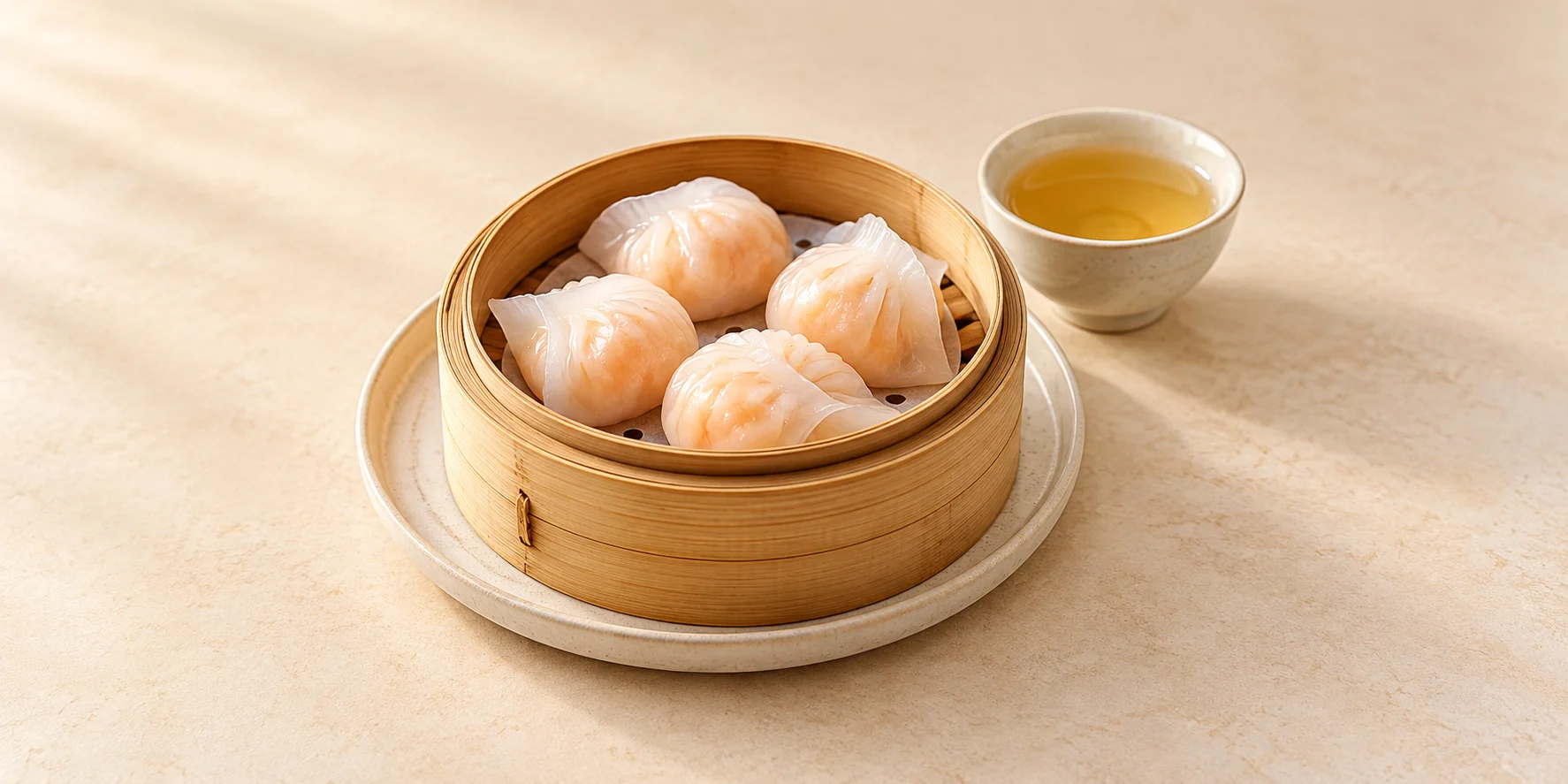 Steamed shrimp har gow in a bamboo basket beside pale golden Tieguanyin oolong.