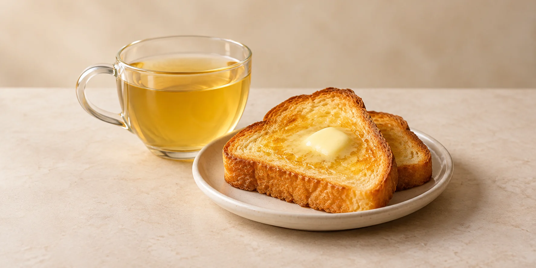 Warm buttered toast beside a cup of golden passionflower infusion.