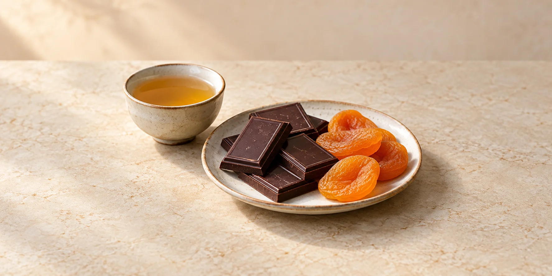 Dark chocolate squares and dried apricots beside a small cup of aged Sheng pu-erh.