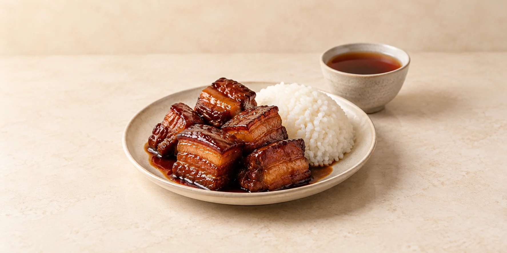 Red-braised pork belly with rice beside a small cup of dark Shou pu-erh.