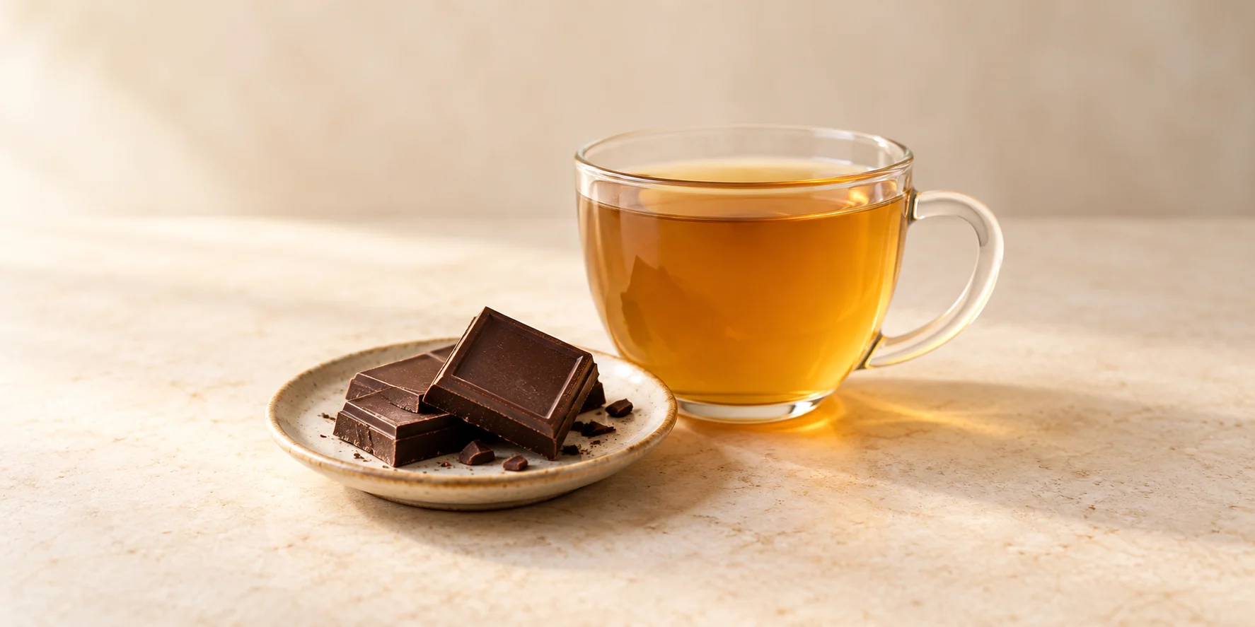 Dark chocolate squares beside a glass cup of golden licorice root infusion.