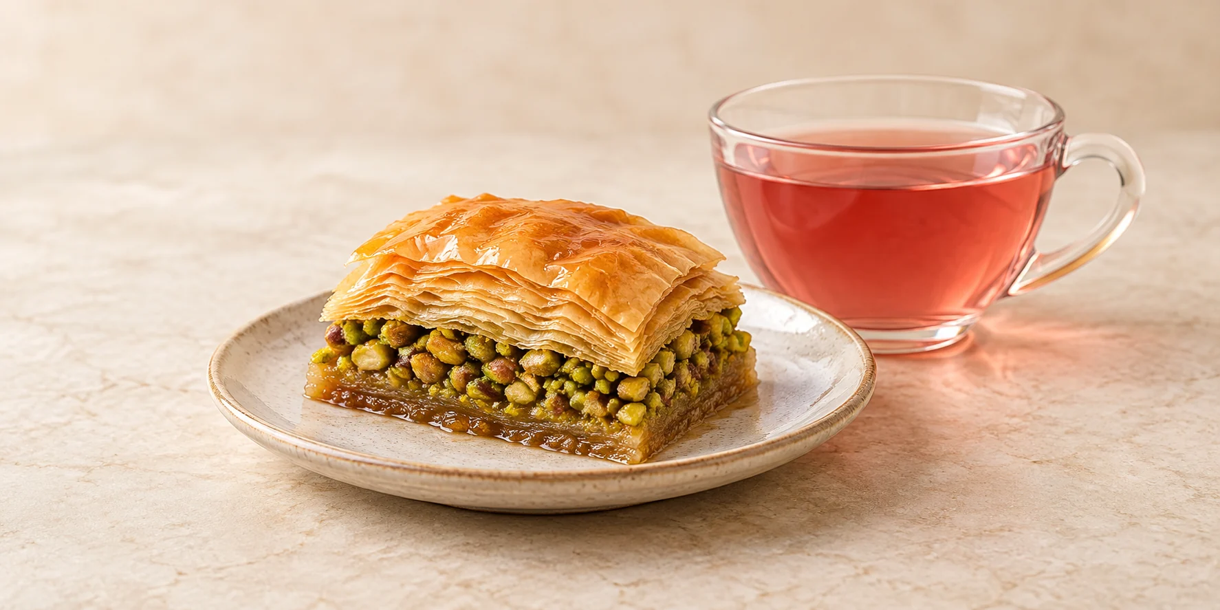 Pistachio baklava with rosewater syrup beside a cup of rose infusion.