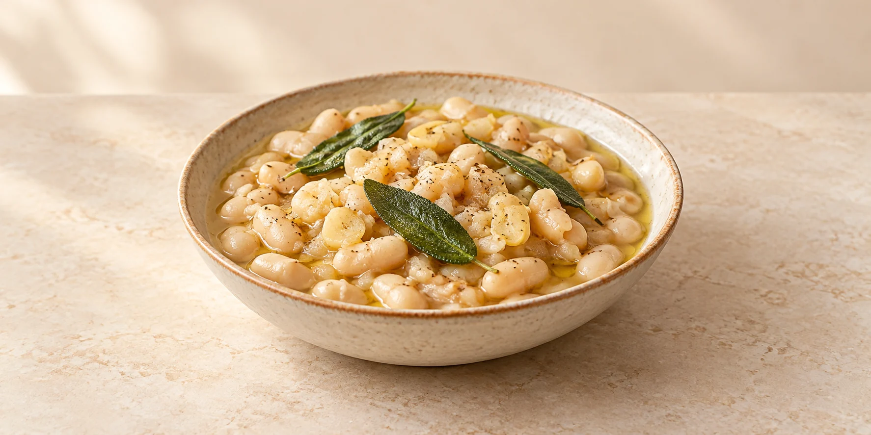 Sage Tea-Braised White Beans with Garlic