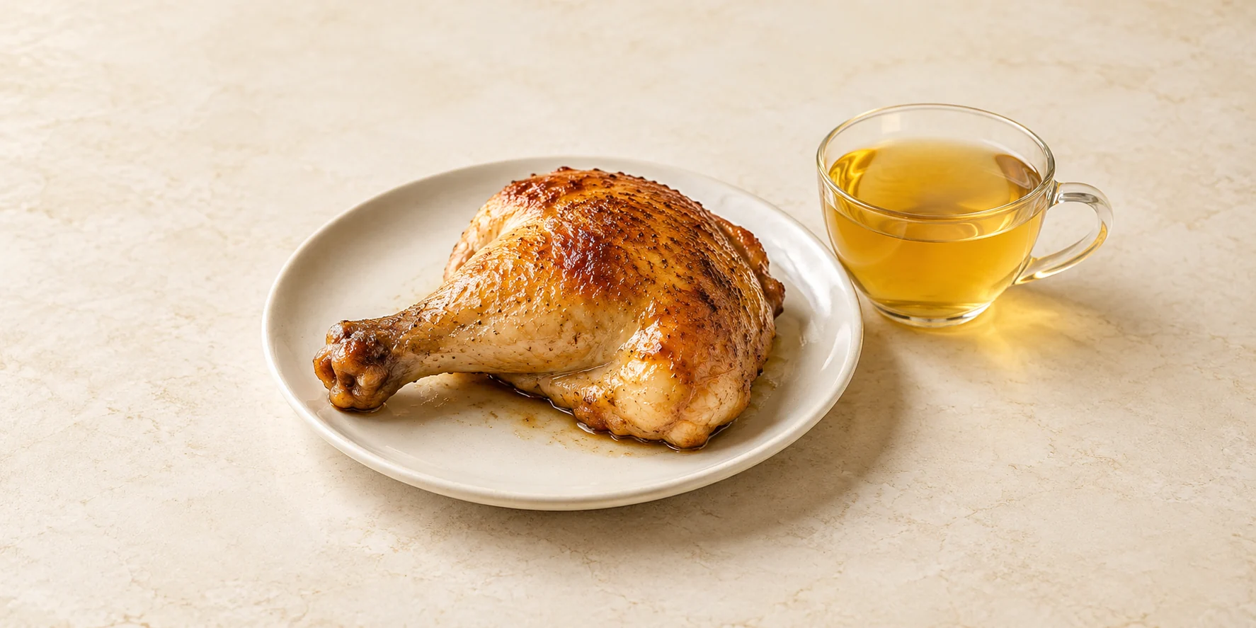 A golden roasted chicken leg quarter beside a glass cup of sage tea.